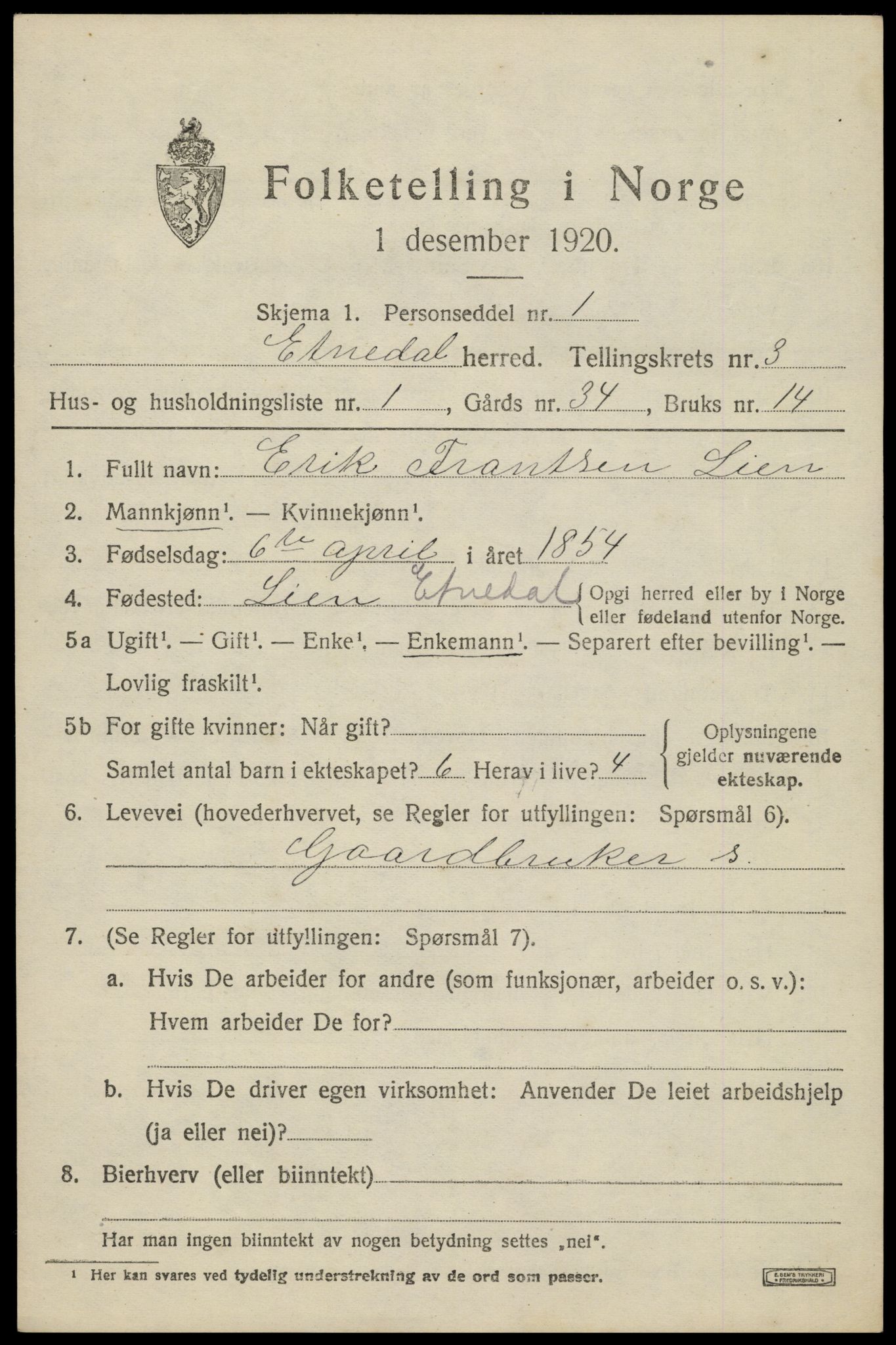 SAH, Folketelling 1920 for 0541 Etnedal herred, 1920, s. 1318