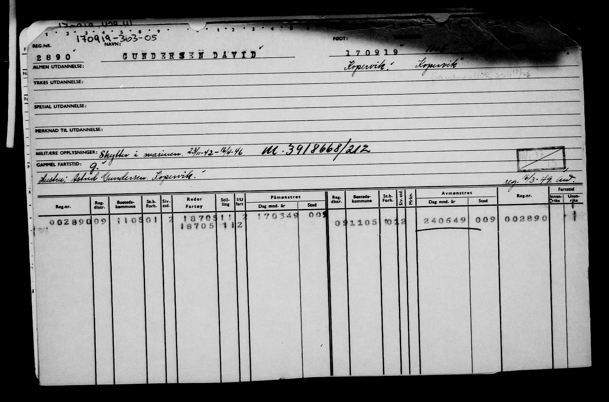 Direktoratet for sjømenn, RA/S-3545/G/Gb/L0171: Hovedkort, 1919, s. 809