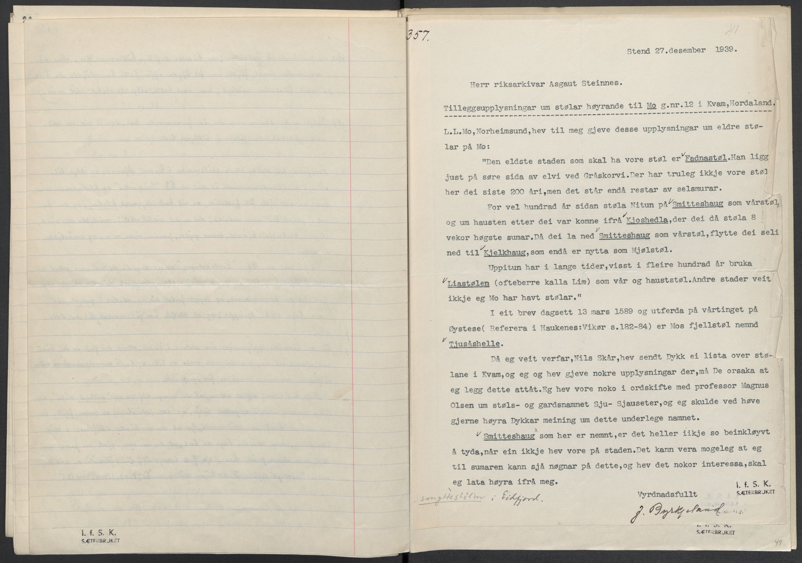 Instituttet for sammenlignende kulturforskning, AV/RA-PA-0424/F/Fc/L0010/0003: Eske B10: / Hordaland (perm XXVII), 1933-1936, s. 41