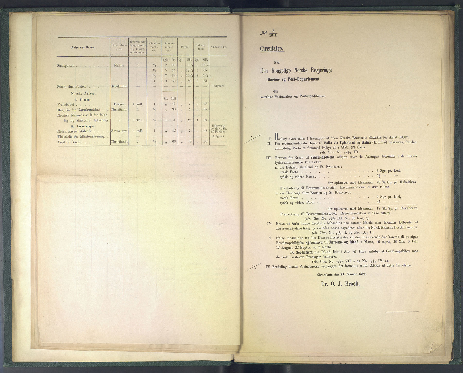 Norges Postmuseums bibliotek, NOPO/-/-/-: Sirkulærer fra Den Kongelige Norske Regjerings Marine- og Postdepartement, 1871