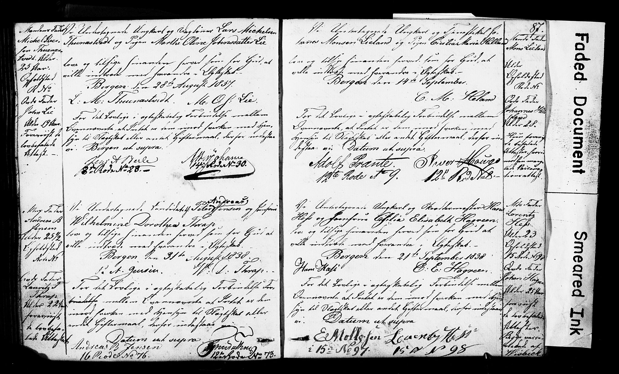 Domkirken sokneprestembete, SAB/A-74801: Forlovererklæringer nr. II.5.3, 1832-1845, s. 87