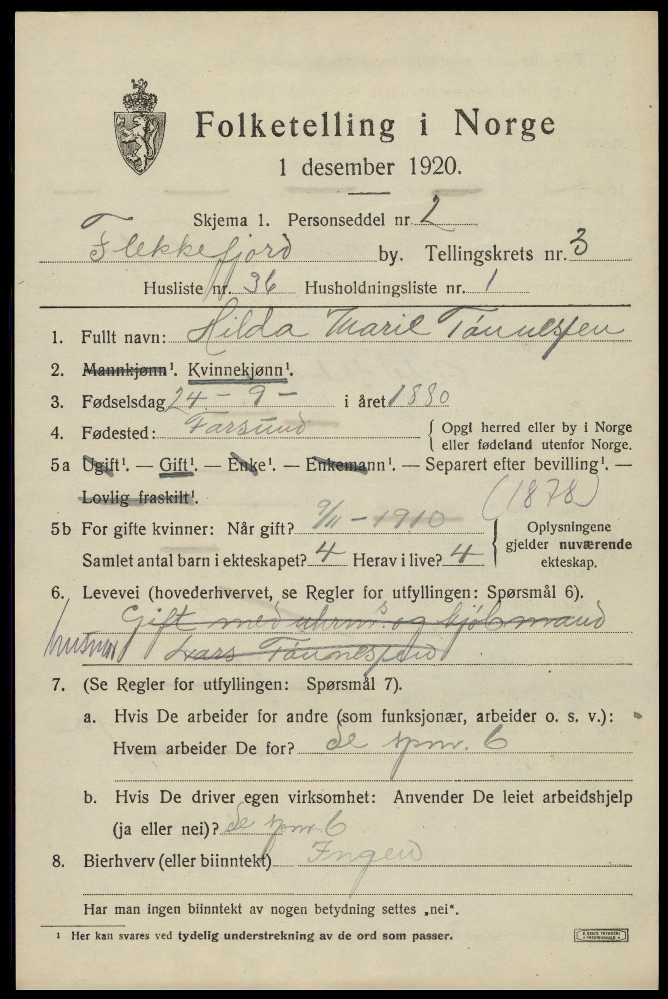 SAK, Folketelling 1920 for 1004 Flekkefjord kjøpstad, 1920, s. 3822