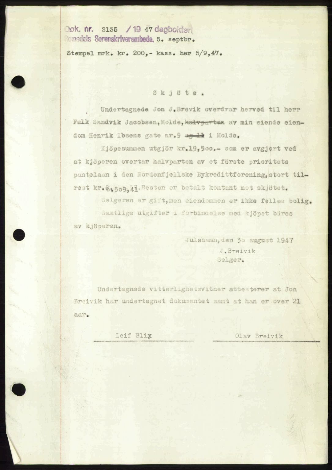 Romsdal sorenskriveri, SAT/A-4149/1/2/2C: Pantebok nr. A24, 1947-1947, Dagboknr: 2135/1947