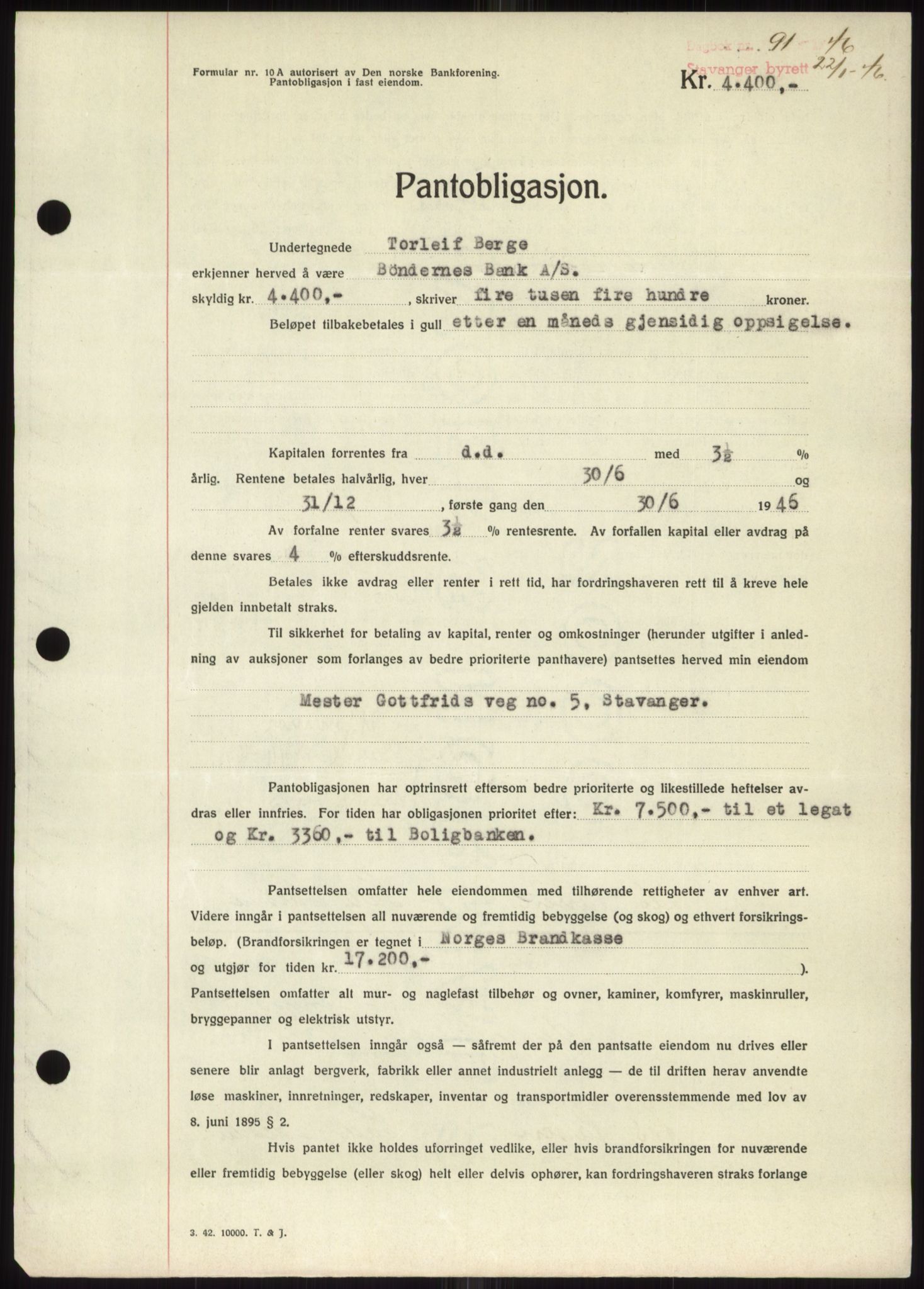 Stavanger byrett, SAST/A-100455/002/G/Gb/L0031: Pantebok, 1943-1947, Dagboknr: 91/1946