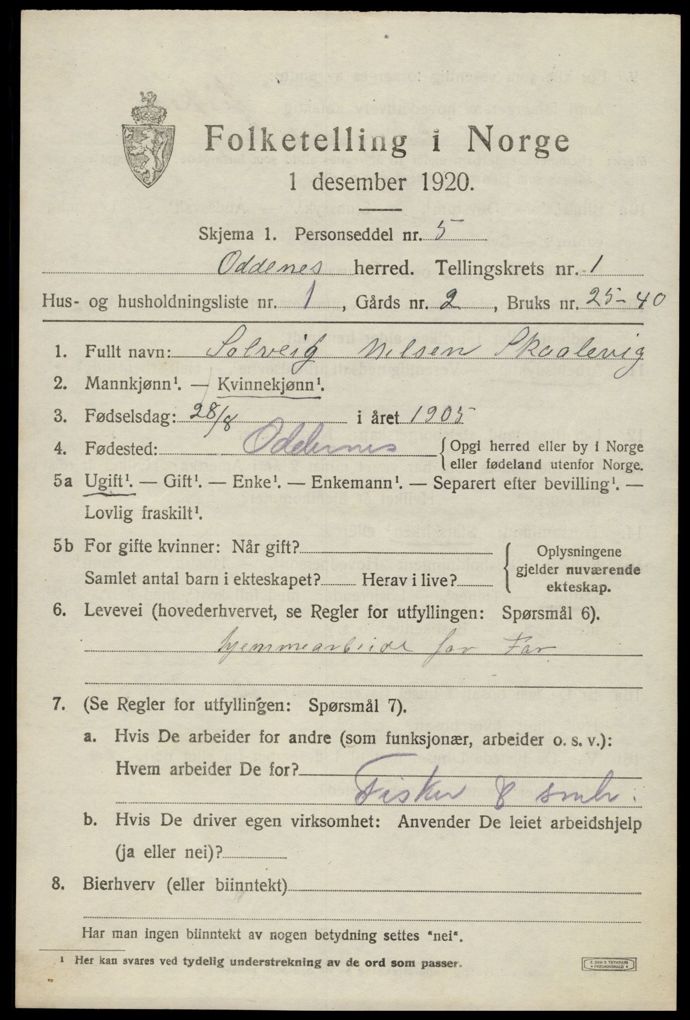 SAK, Folketelling 1920 for 1012 Oddernes herred, 1920, s. 2005