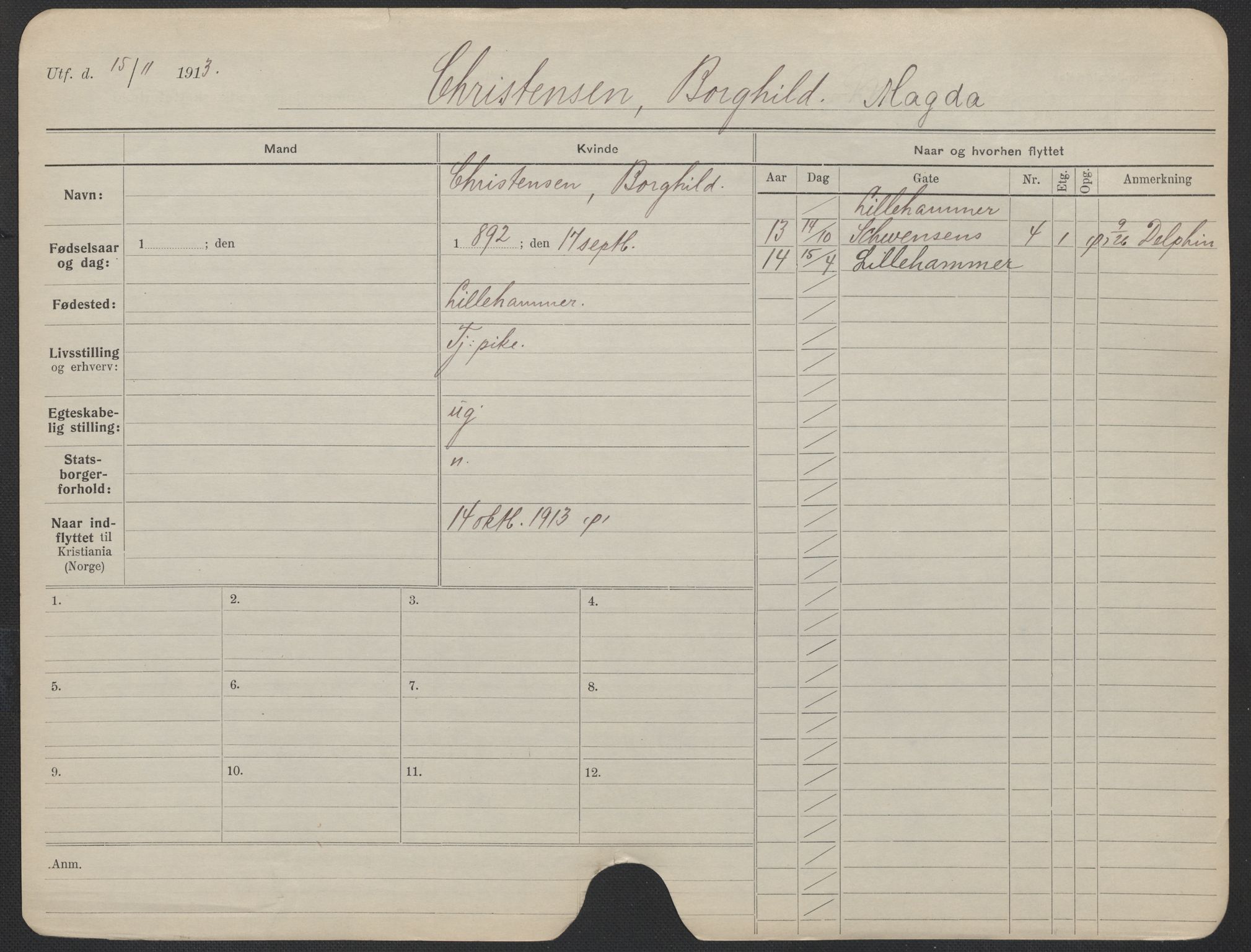 Oslo folkeregister, Registerkort, AV/SAO-A-11715/F/Fa/Fac/L0019: Kvinner, 1906-1914, s. 124a