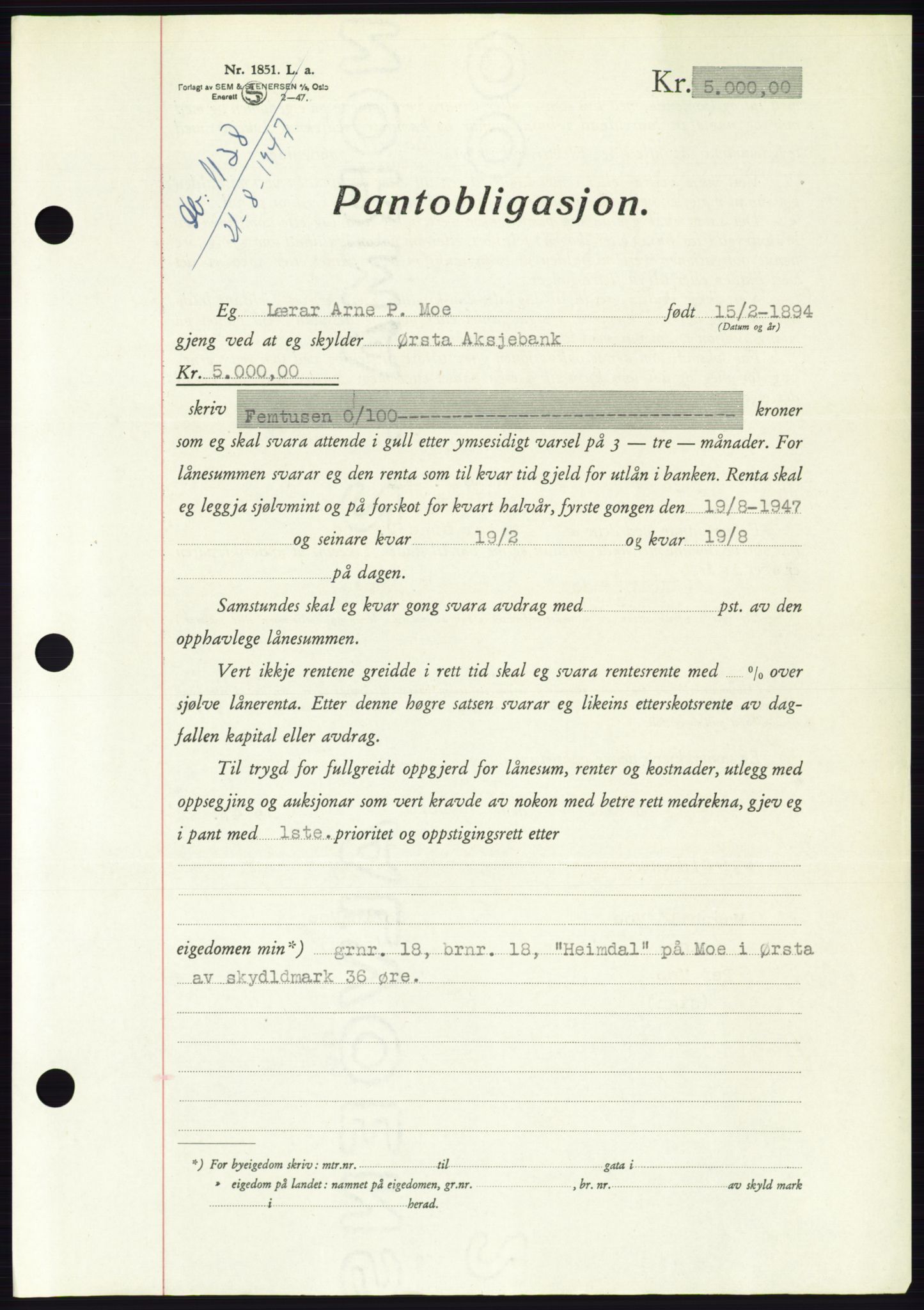 Søre Sunnmøre sorenskriveri, AV/SAT-A-4122/1/2/2C/L0115: Pantebok nr. 3B, 1947-1948, Dagboknr: 1138/1947