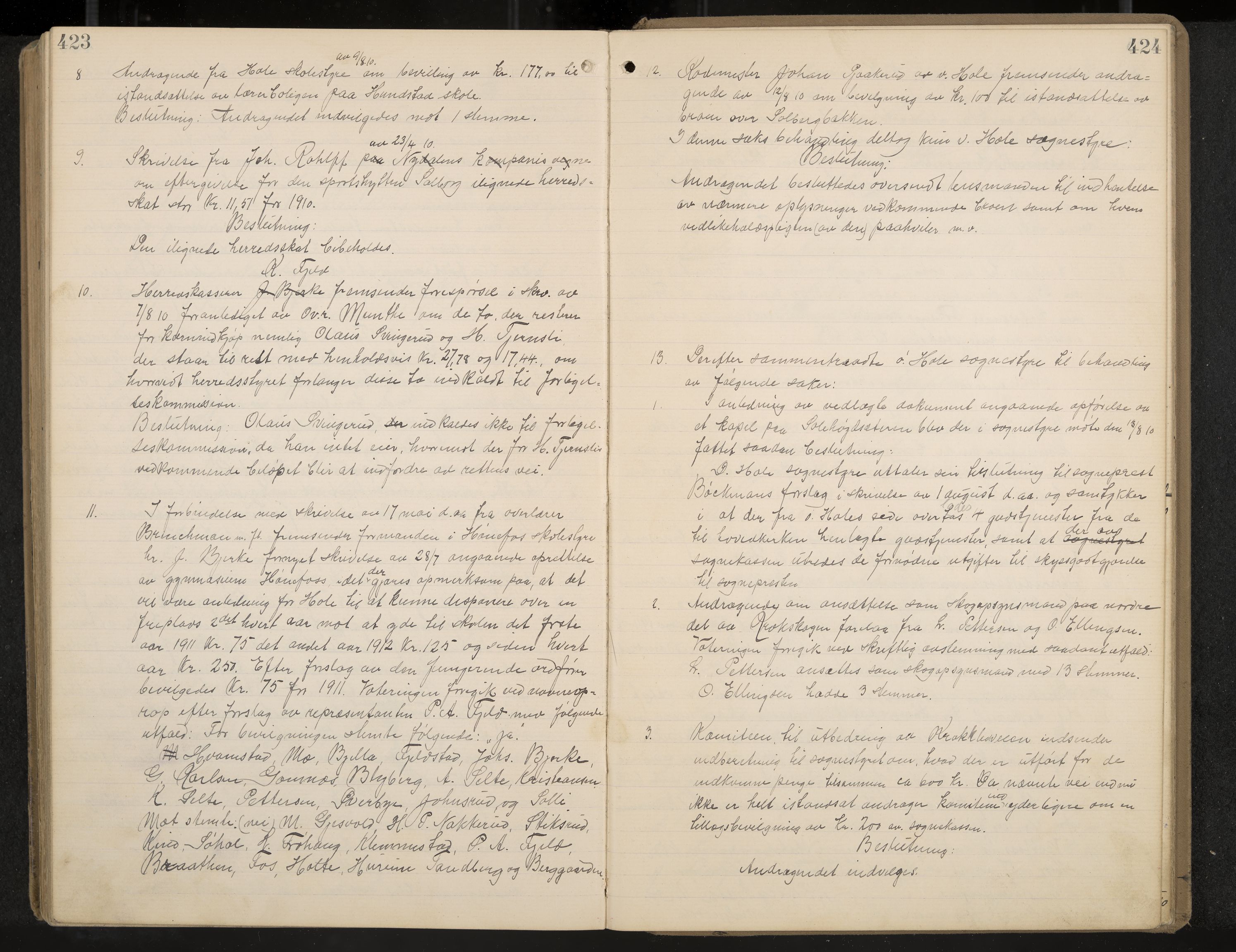 Hole formannskap og sentraladministrasjon, IKAK/0612021-1/A/Aa/L0004: Møtebok med register, 1902-1910, s. 423-424