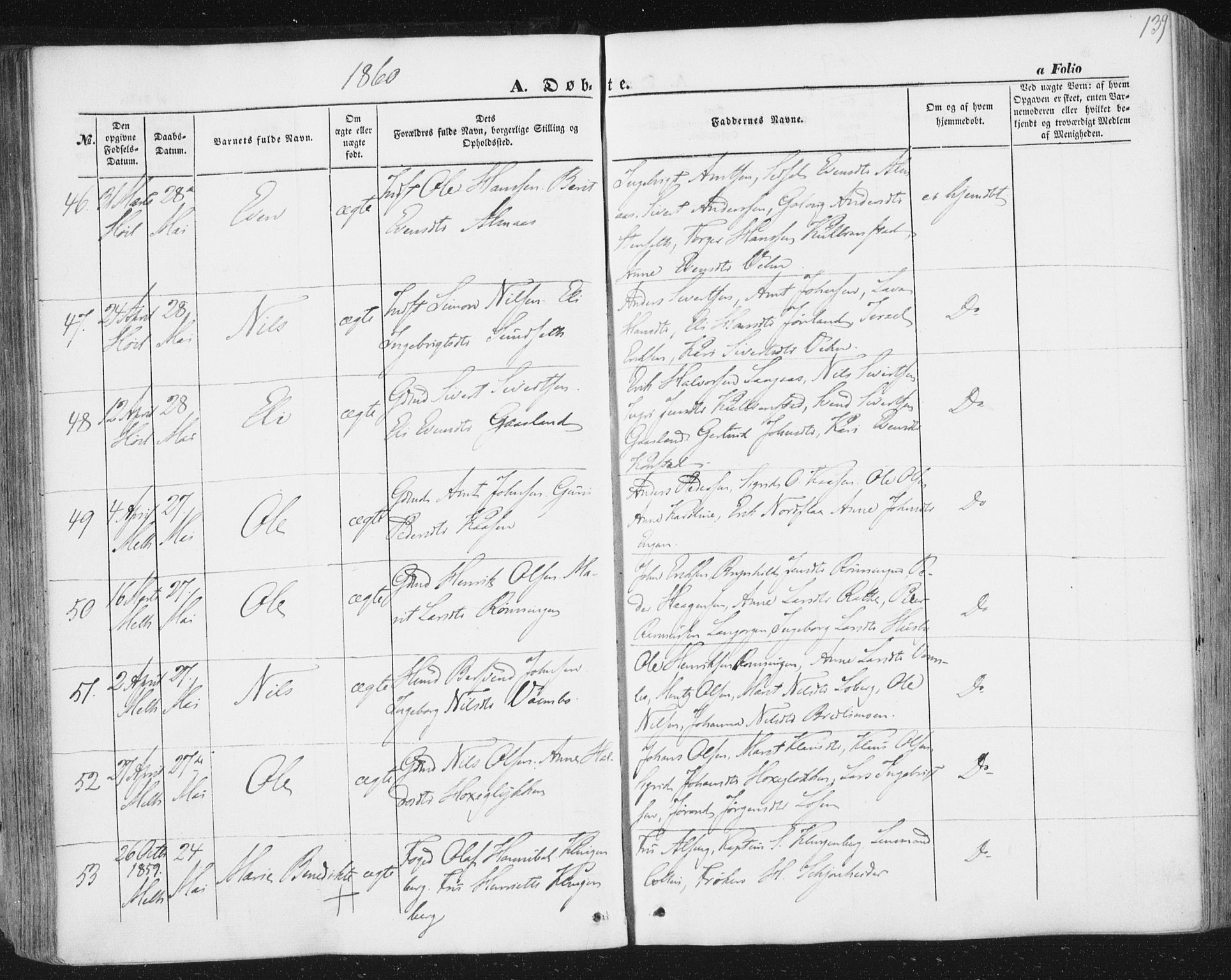 Ministerialprotokoller, klokkerbøker og fødselsregistre - Sør-Trøndelag, SAT/A-1456/691/L1076: Ministerialbok nr. 691A08, 1852-1861, s. 139