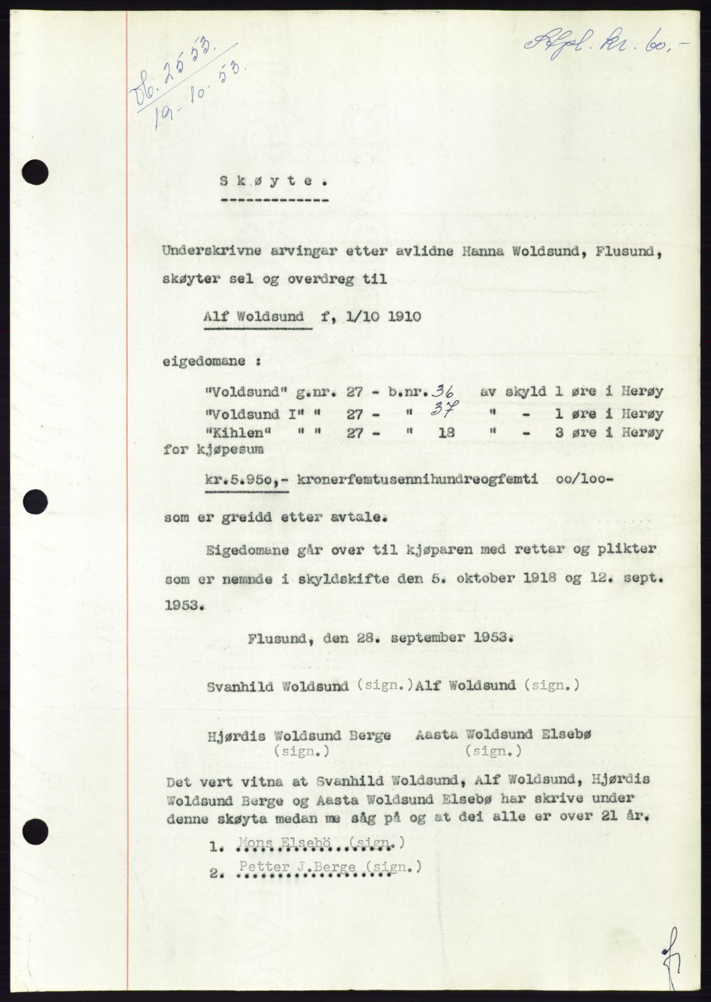 Søre Sunnmøre sorenskriveri, SAT/A-4122/1/2/2C/L0096: Pantebok nr. 22A, 1953-1954, Dagboknr: 2553/1953