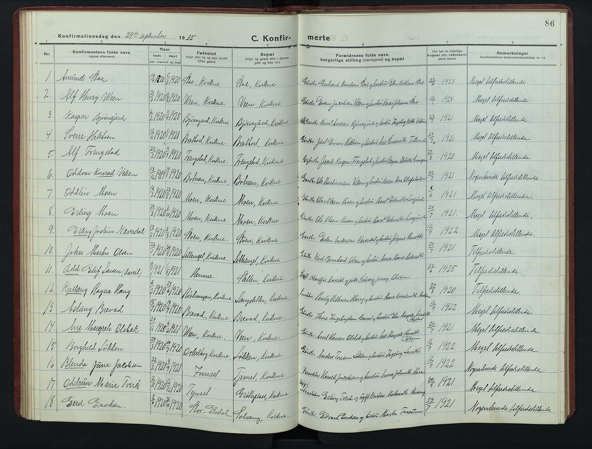 Kvikne prestekontor, AV/SAH-PREST-064/H/Ha/Hab/L0005: Klokkerbok nr. 5, 1919-1943, s. 86