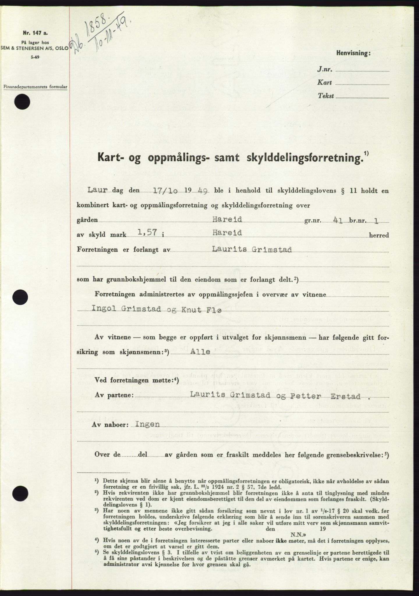 Søre Sunnmøre sorenskriveri, SAT/A-4122/1/2/2C/L0085: Pantebok nr. 11A, 1949-1949, Dagboknr: 1858/1949