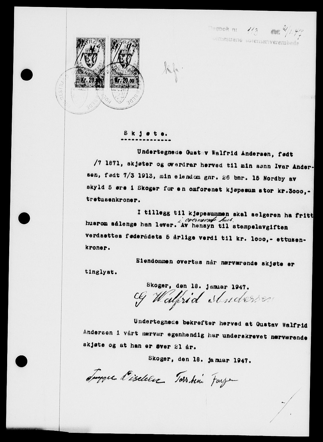 Holmestrand sorenskriveri, SAKO/A-67/G/Ga/Gaa/L0061: Pantebok nr. A-61, 1946-1947, Dagboknr: 113/1947