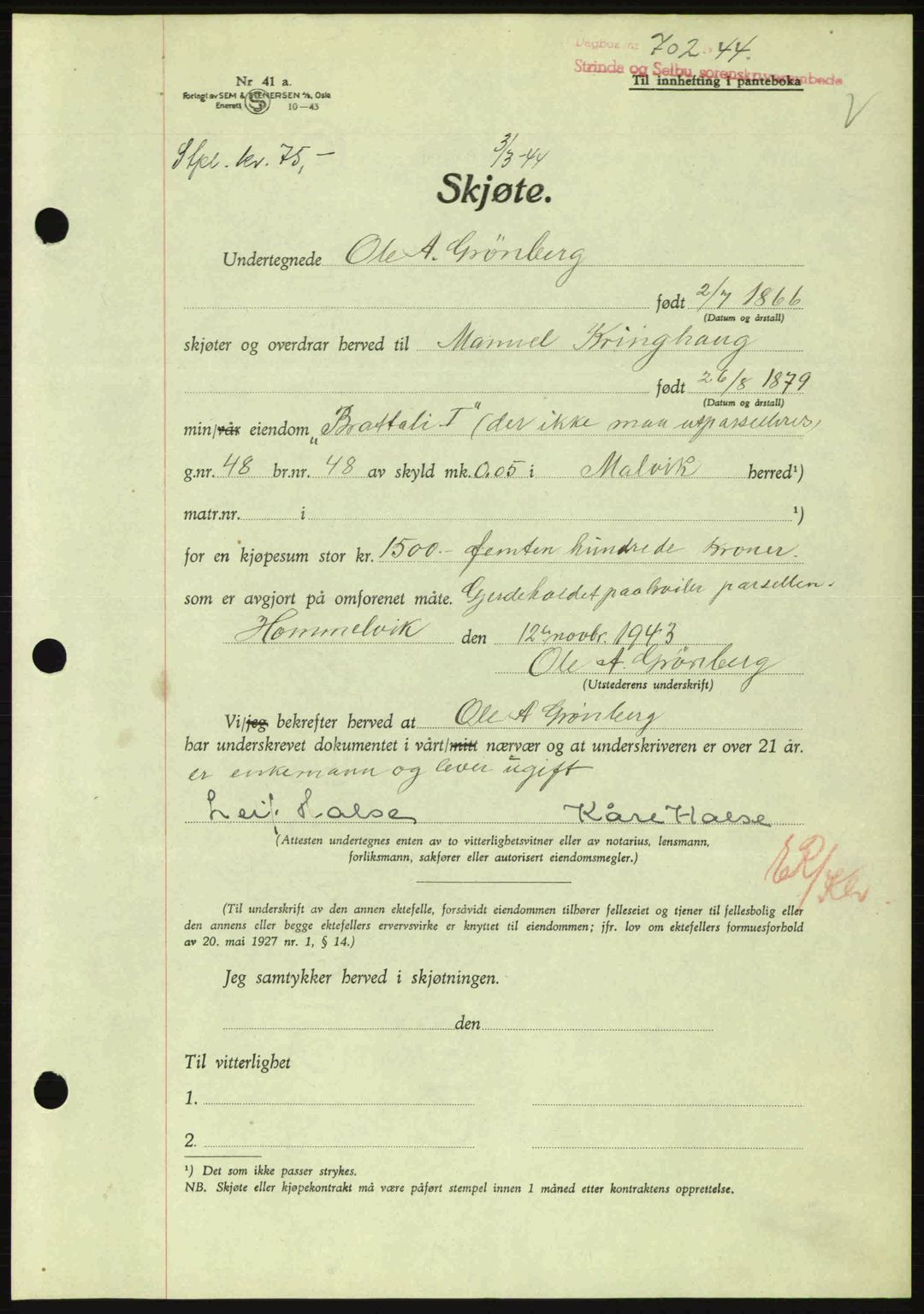 Strinda og Selbu sorenskriveri, SAT/A-0015/2/2C: Pantebok nr. A9, 1944-1945, Dagboknr: 702/1944