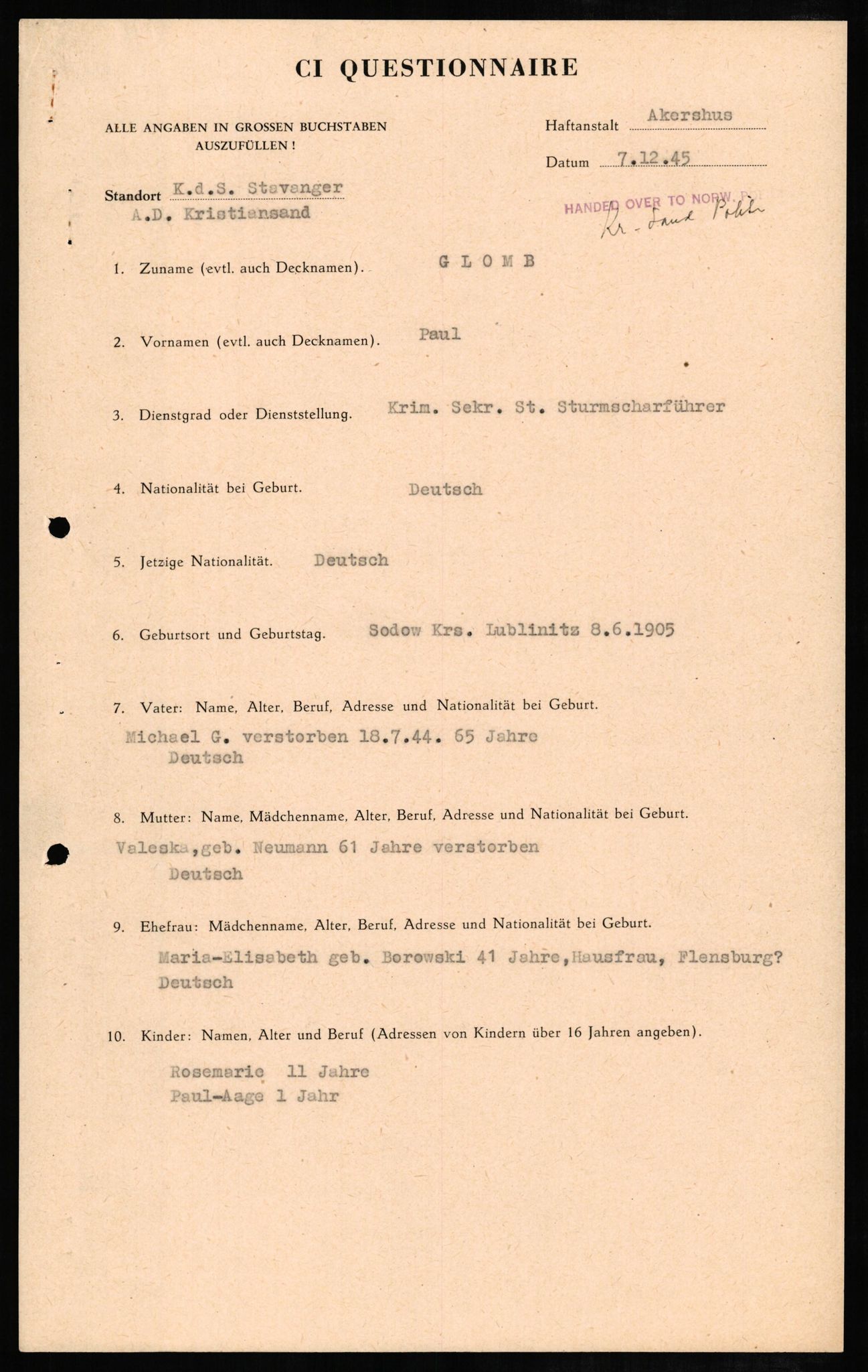 Forsvaret, Forsvarets overkommando II, AV/RA-RAFA-3915/D/Db/L0009: CI Questionaires. Tyske okkupasjonsstyrker i Norge. Tyskere., 1945-1946, s. 539