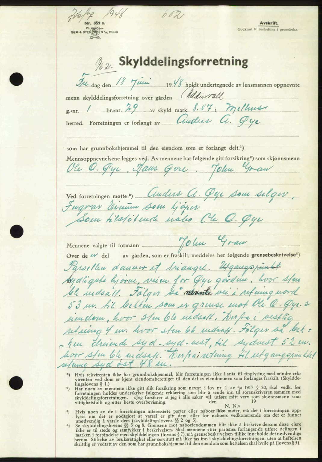 Gauldal sorenskriveri, SAT/A-0014/1/2/2C: Pantebok nr. A6, 1948-1948, Dagboknr: 962/1948