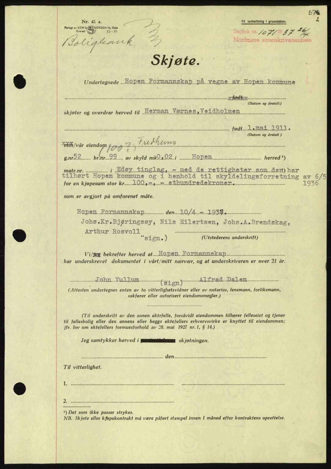 Nordmøre sorenskriveri, SAT/A-4132/1/2/2Ca: Pantebok nr. A81, 1937-1937, Dagboknr: 1071/1937