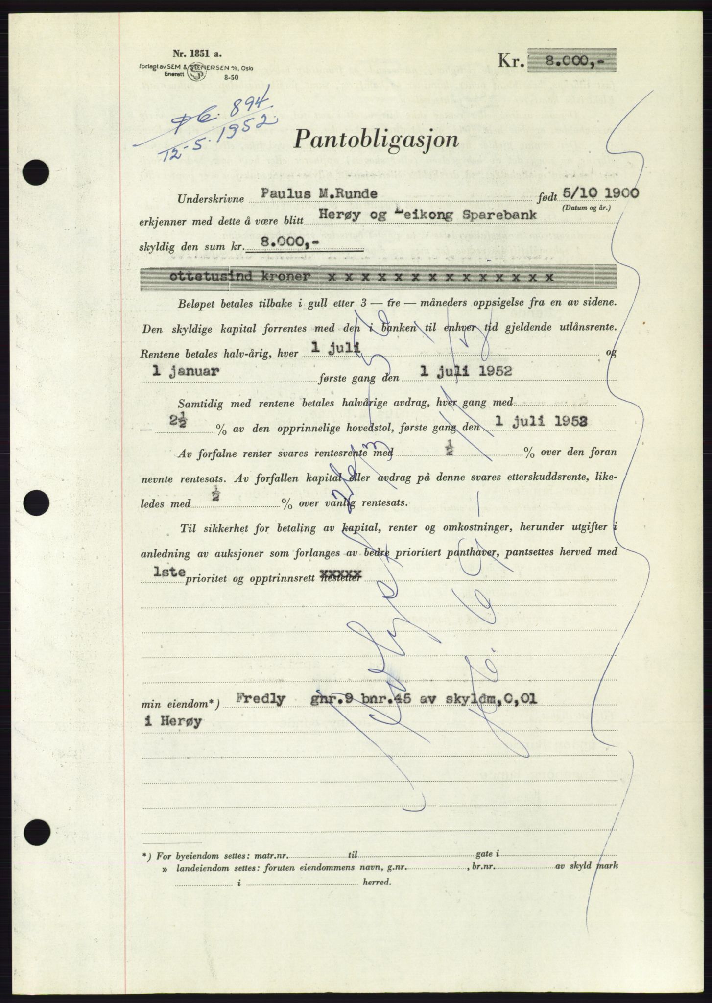 Søre Sunnmøre sorenskriveri, AV/SAT-A-4122/1/2/2C/L0121: Pantebok nr. 9B, 1951-1952, Dagboknr: 894/1952