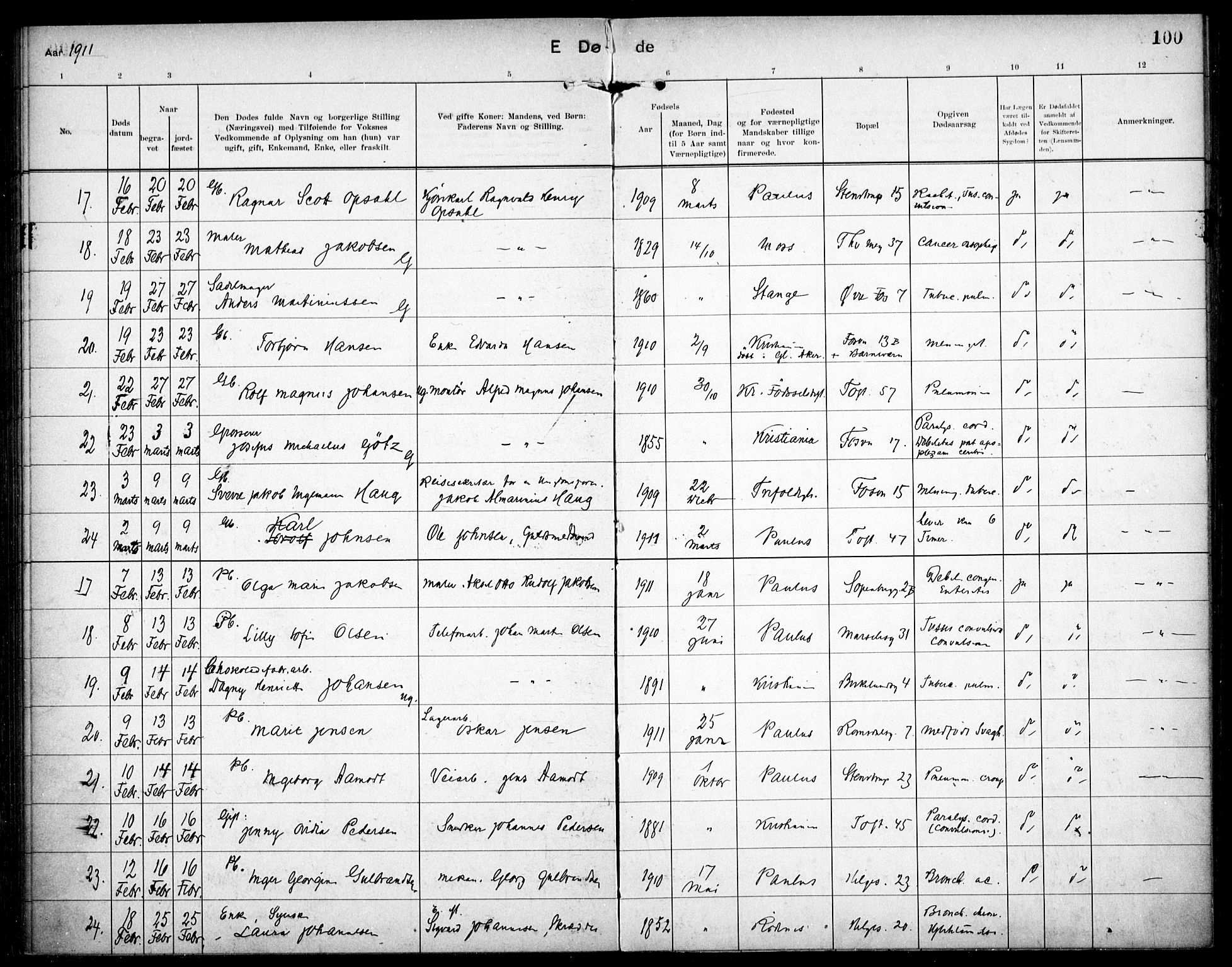 Paulus prestekontor Kirkebøker, AV/SAO-A-10871/F/Fa/L0018: Ministerialbok nr. 18, 1906-1915, s. 100