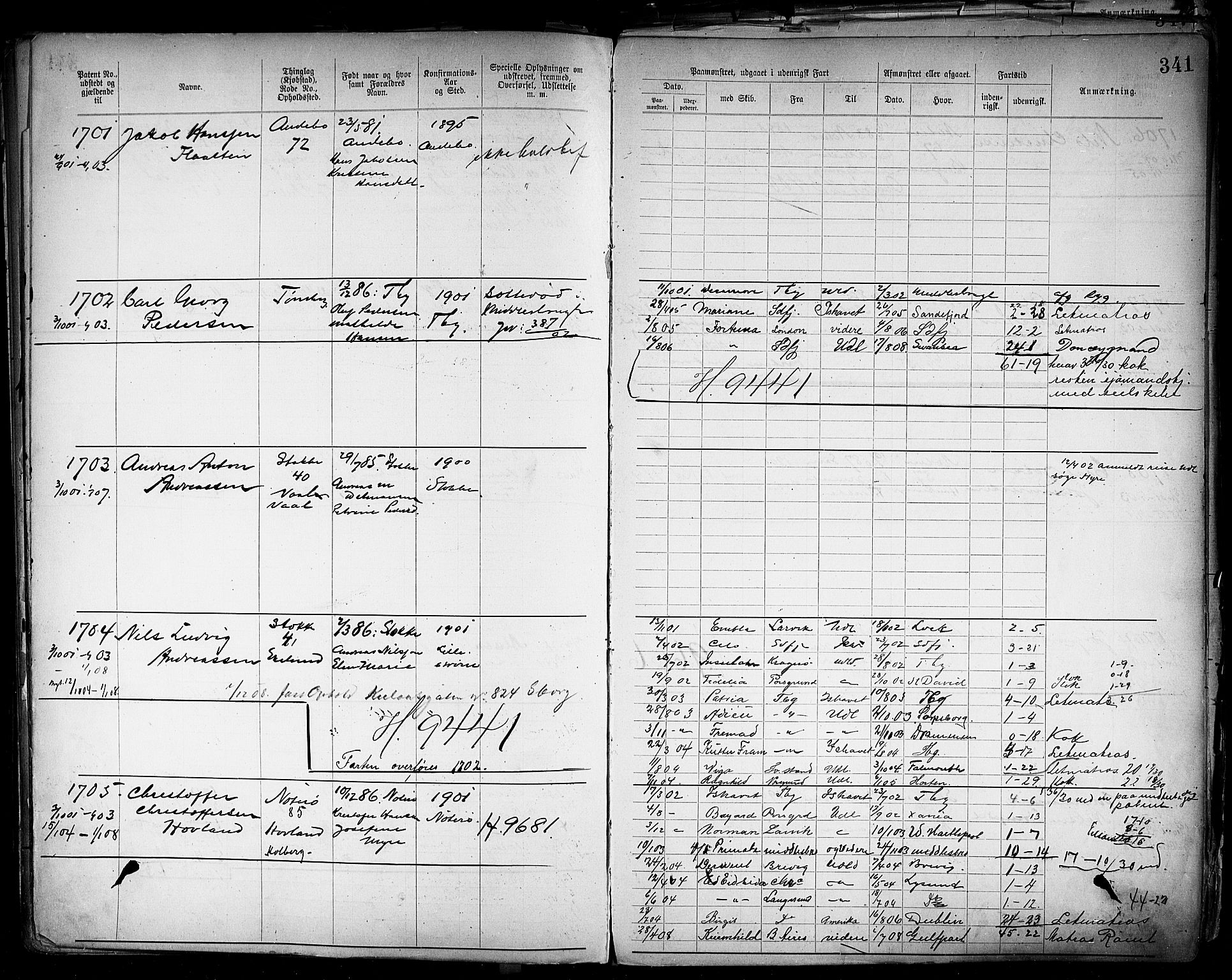 Tønsberg innrulleringskontor, SAKO/A-786/F/Fb/L0004: Annotasjonsrulle Patent nr. 1-2400, 1892-1904, s. 309