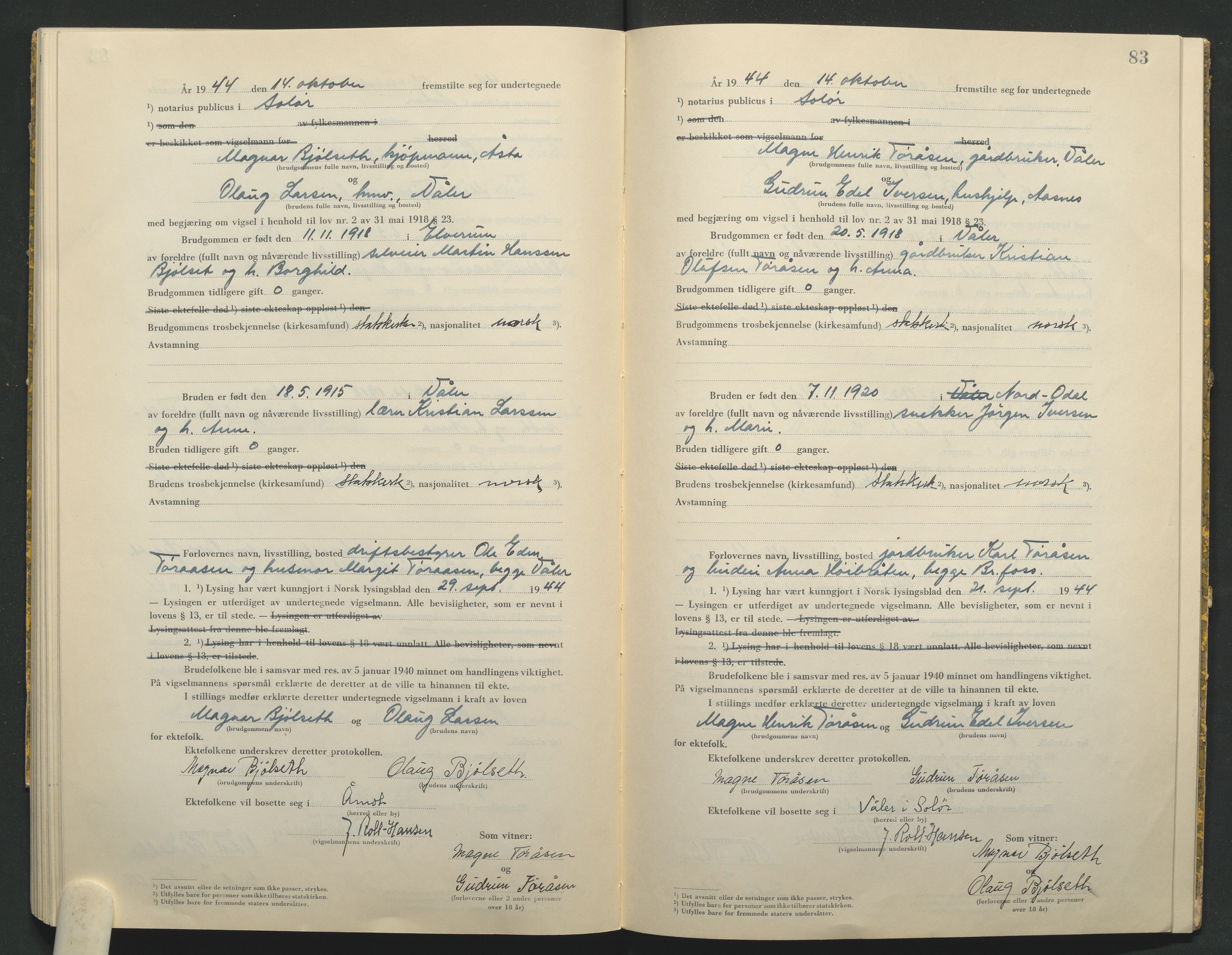 Solør tingrett, AV/SAH-TING-008/L/Lb/L0002: Vigselprotokoll, 1943-1944, s. 83