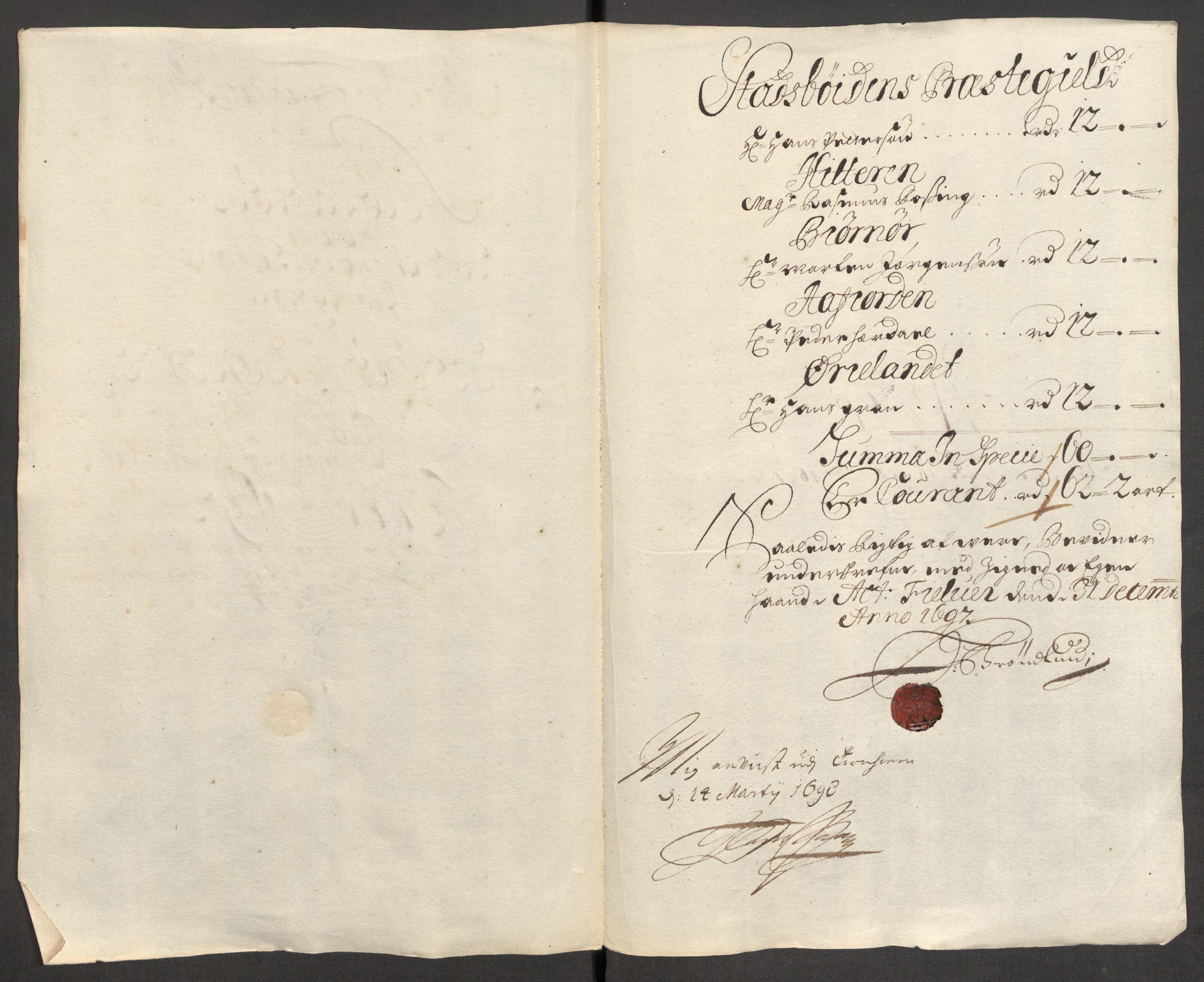 Rentekammeret inntil 1814, Reviderte regnskaper, Fogderegnskap, RA/EA-4092/R57/L3852: Fogderegnskap Fosen, 1697, s. 159