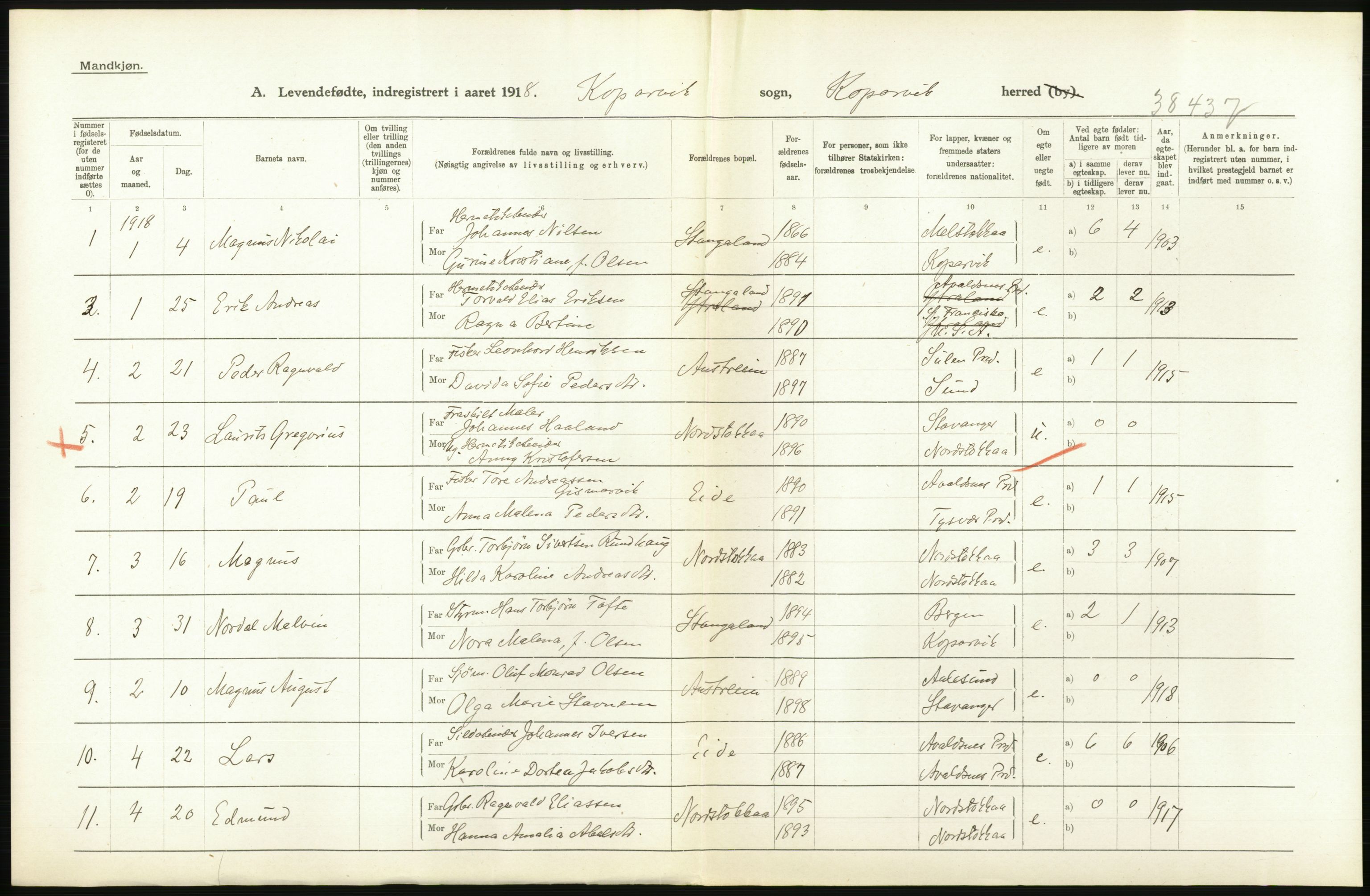 Statistisk sentralbyrå, Sosiodemografiske emner, Befolkning, AV/RA-S-2228/D/Df/Dfb/Dfbh/L0031: Rogaland fylke: Levendefødte menn og kvinner. Bygder., 1918