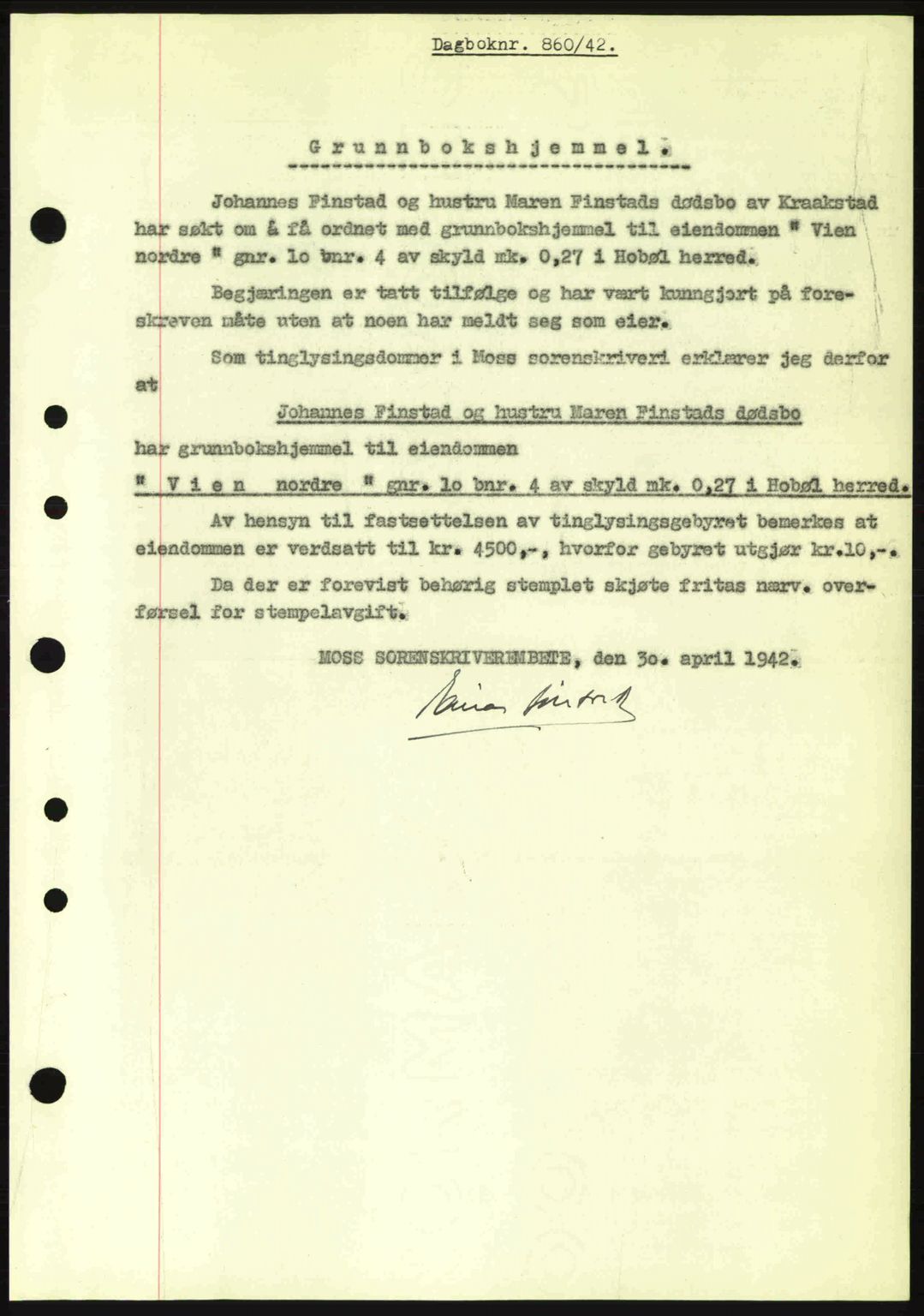 Moss sorenskriveri, SAO/A-10168: Pantebok nr. A9, 1941-1942, Dagboknr: 860/1942