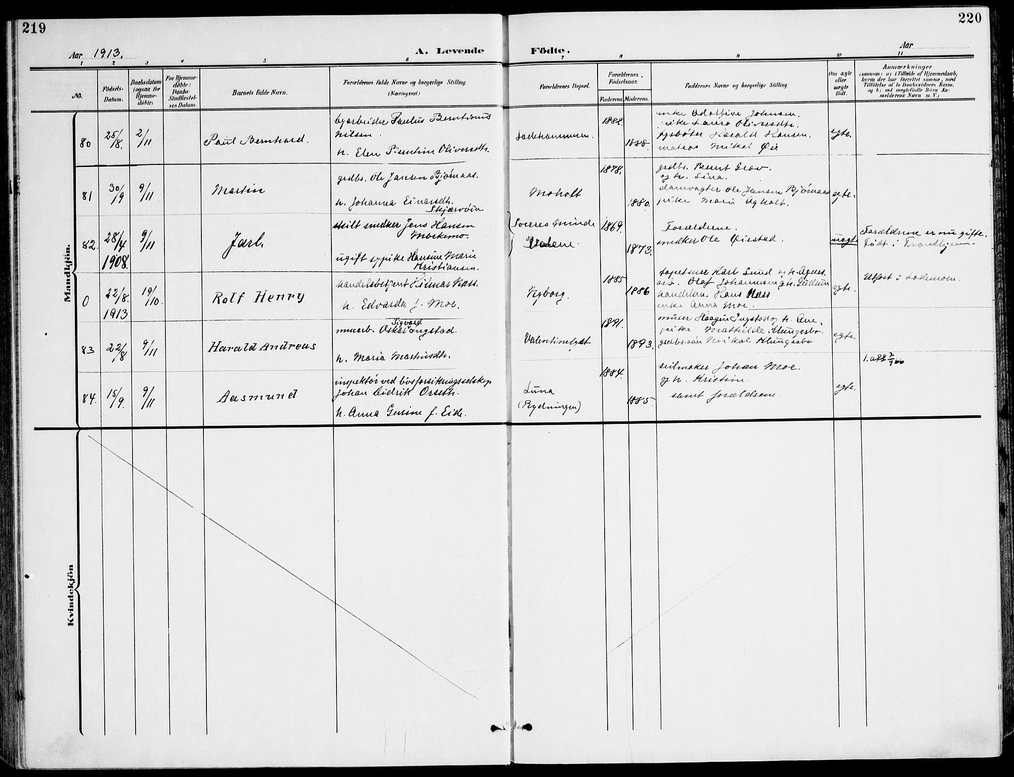 Ministerialprotokoller, klokkerbøker og fødselsregistre - Sør-Trøndelag, AV/SAT-A-1456/607/L0320: Ministerialbok nr. 607A04, 1907-1915, s. 219-220