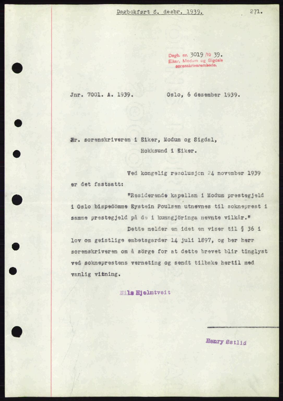 Eiker, Modum og Sigdal sorenskriveri, SAKO/A-123/G/Ga/Gab/L0041: Pantebok nr. A11, 1939-1940, Dagboknr: 3019/1939