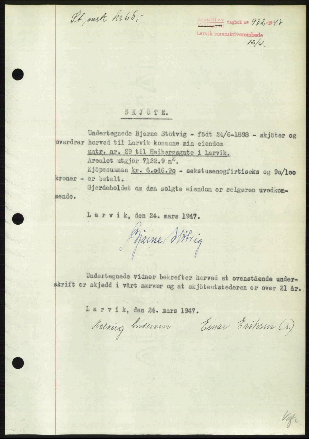 Larvik sorenskriveri, SAKO/A-83/G/Ga/Gab/L0083: Pantebok nr. A-17, 1946-1947, Dagboknr: 932/1947