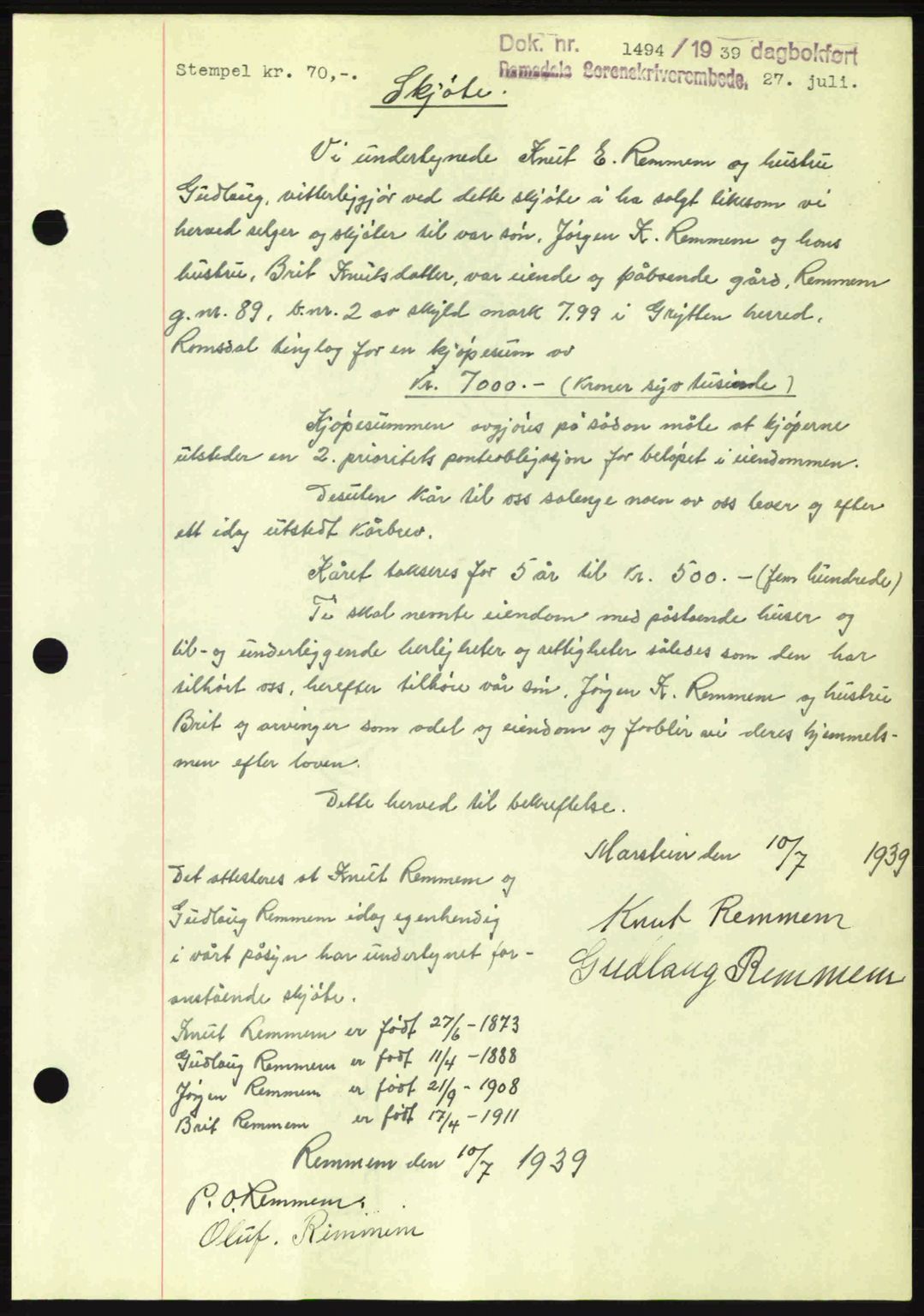 Romsdal sorenskriveri, AV/SAT-A-4149/1/2/2C: Pantebok nr. A7, 1939-1939, Dagboknr: 1494/1939
