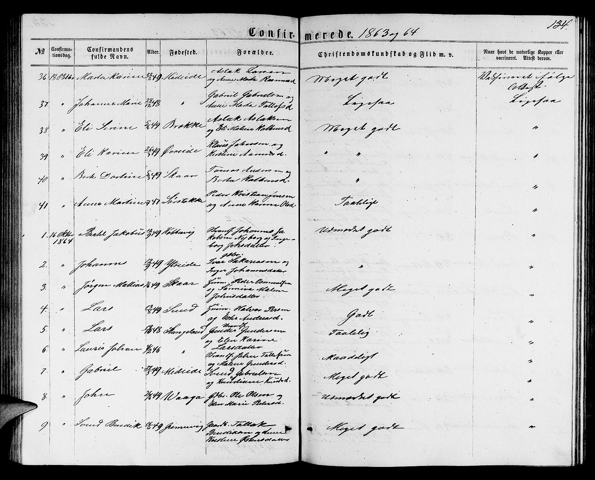 Avaldsnes sokneprestkontor, SAST/A -101851/H/Ha/Hab/L0004: Klokkerbok nr. B 4, 1861-1876, s. 134