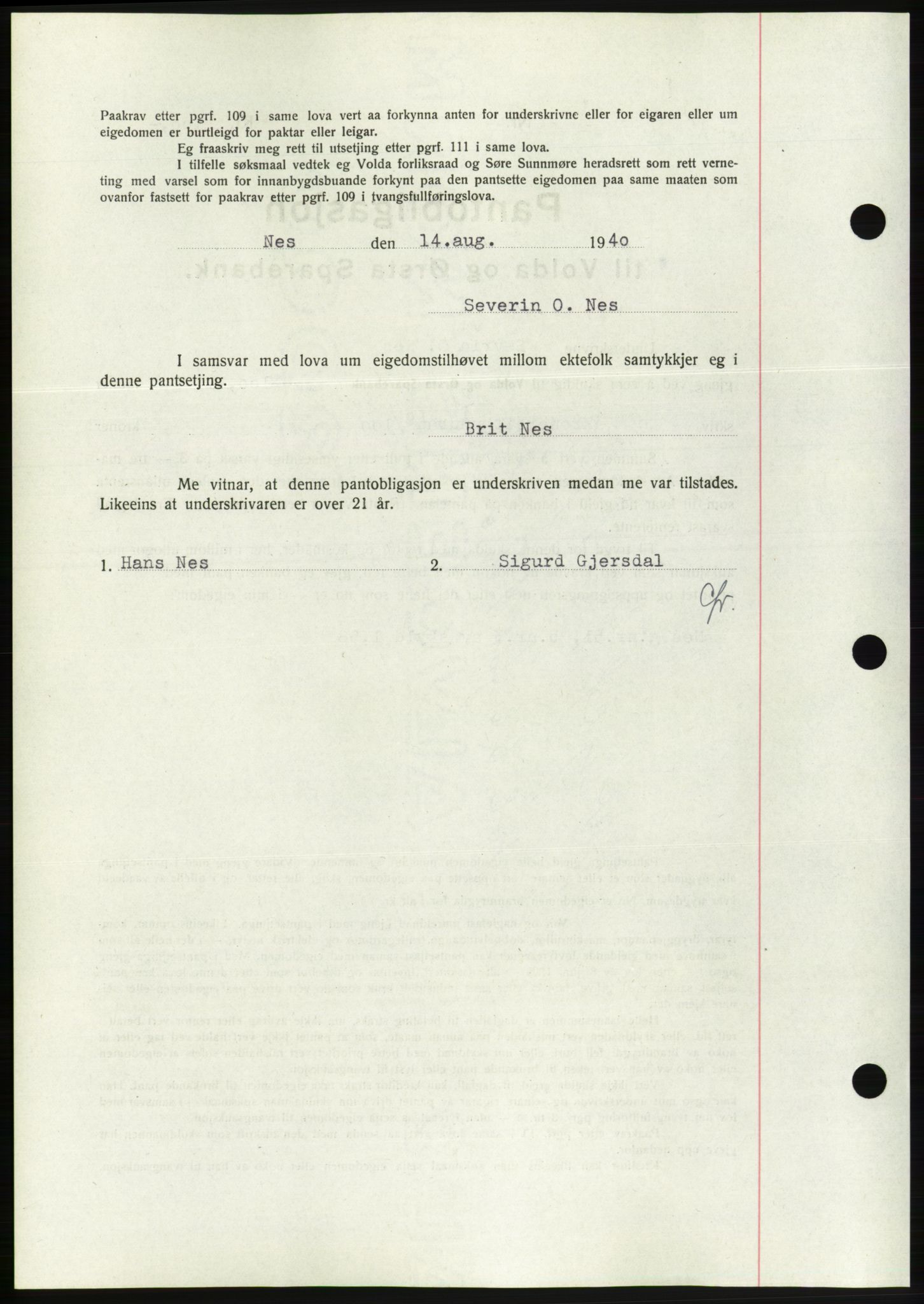 Søre Sunnmøre sorenskriveri, AV/SAT-A-4122/1/2/2C/L0070: Pantebok nr. 64, 1940-1941, Dagboknr: 526/1940