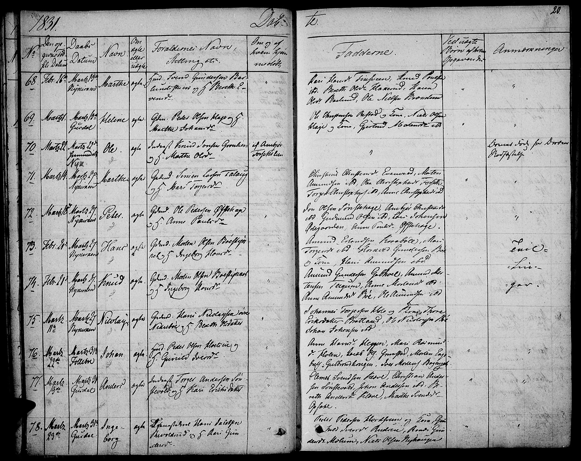 Gausdal prestekontor, AV/SAH-PREST-090/H/Ha/Haa/L0006: Ministerialbok nr. 6, 1830-1839, s. 20