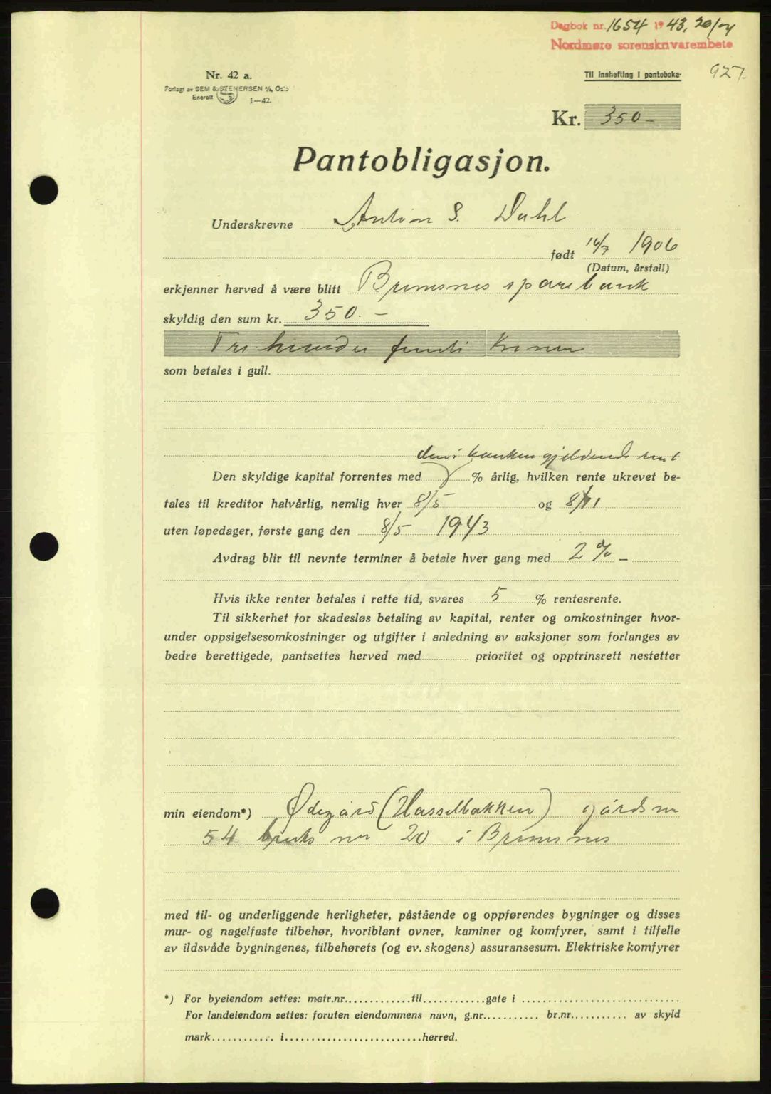 Nordmøre sorenskriveri, SAT/A-4132/1/2/2Ca: Pantebok nr. B90, 1942-1943, Dagboknr: 1654/1943