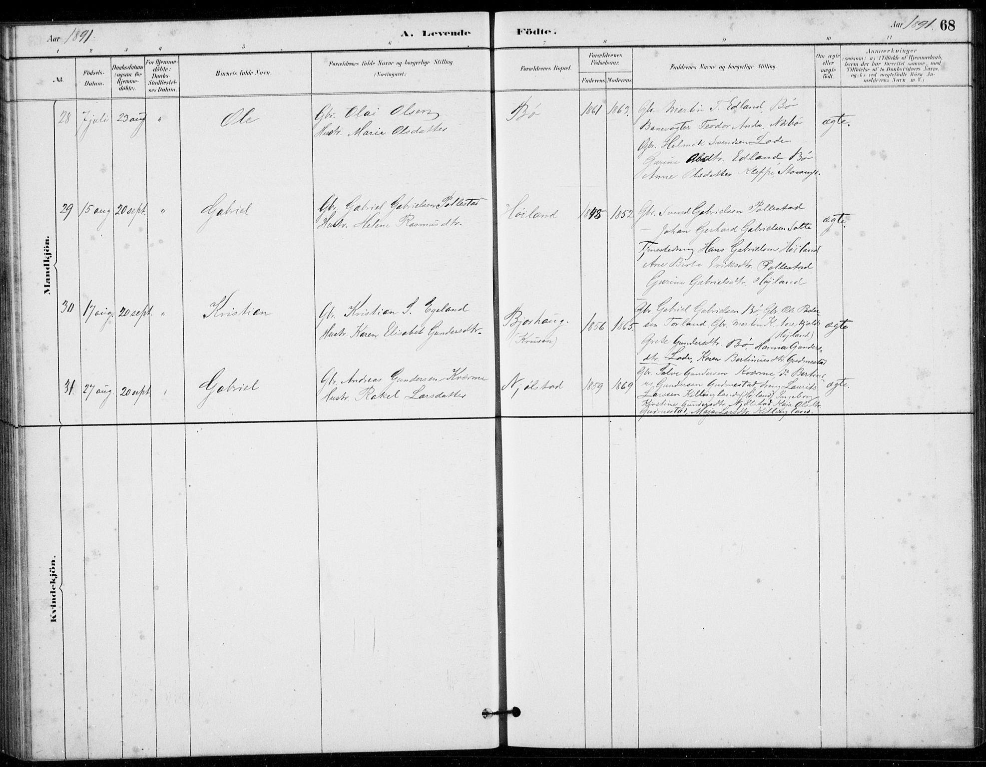 Hå sokneprestkontor, AV/SAST-A-101801/001/30BB/L0003: Klokkerbok nr. B 3, 1883-1894, s. 68