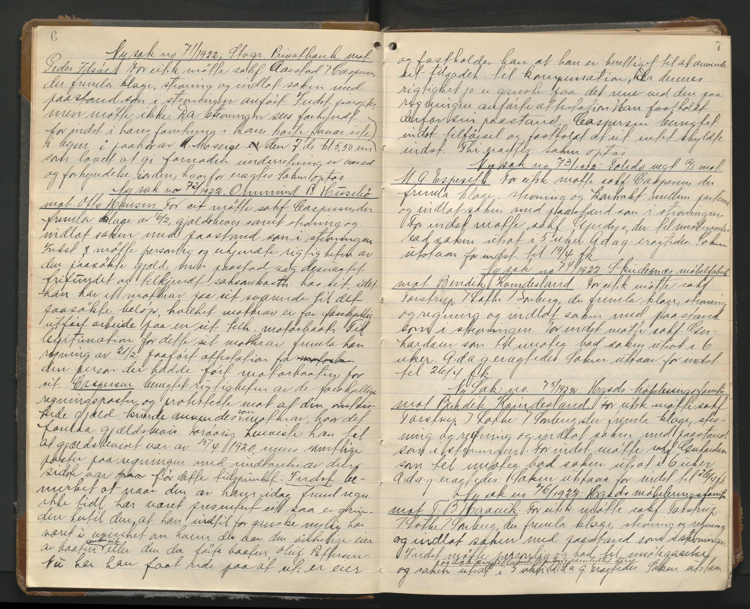 Haugesund tingrett, AV/SAST-A-101415/01/V/VA/L0016: Bytingsprotokoll, 1922-1923, s. 6-7
