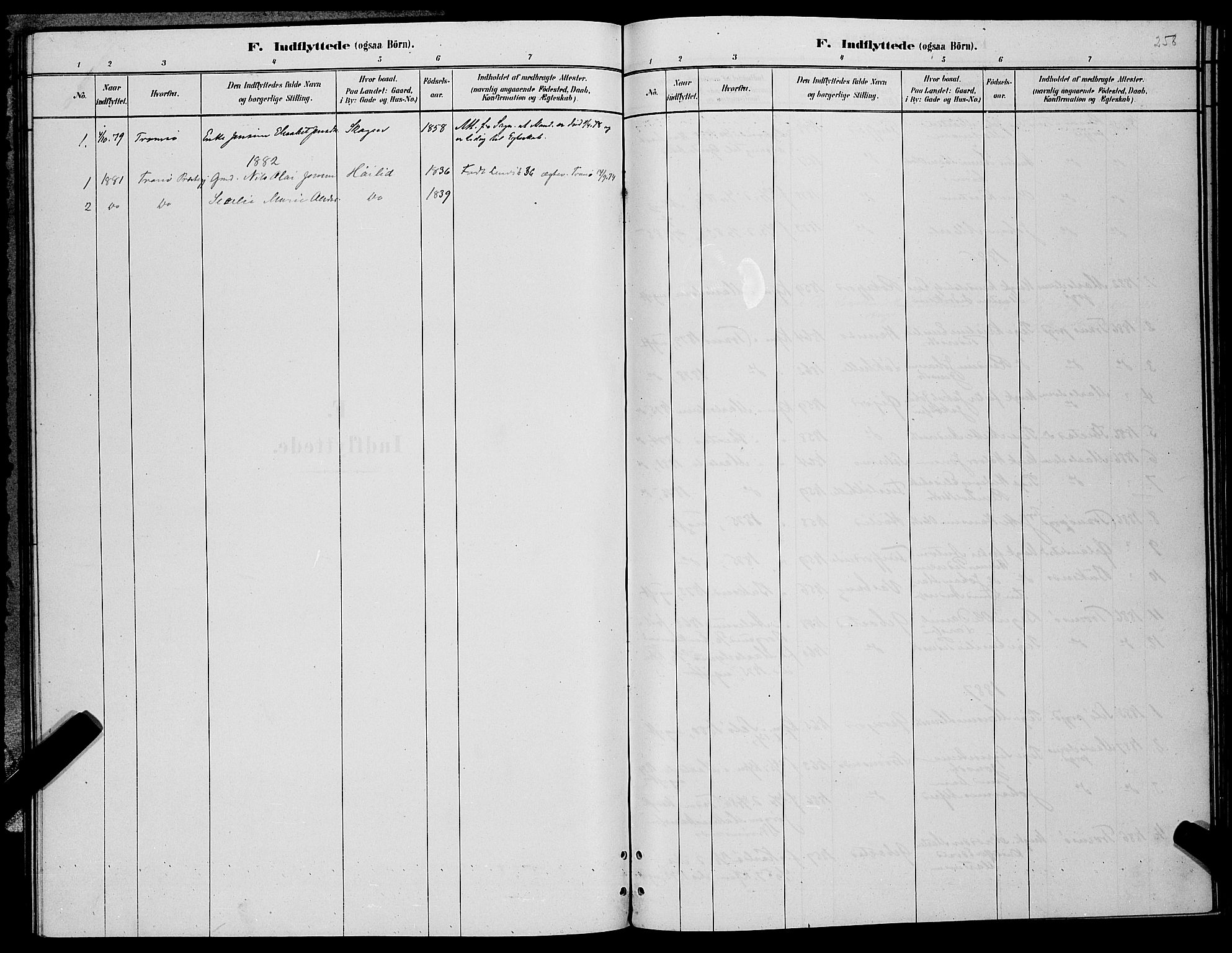 Lenvik sokneprestembete, SATØ/S-1310/H/Ha/Hab/L0006klokker: Klokkerbok nr. 6, 1881-1889, s. 258