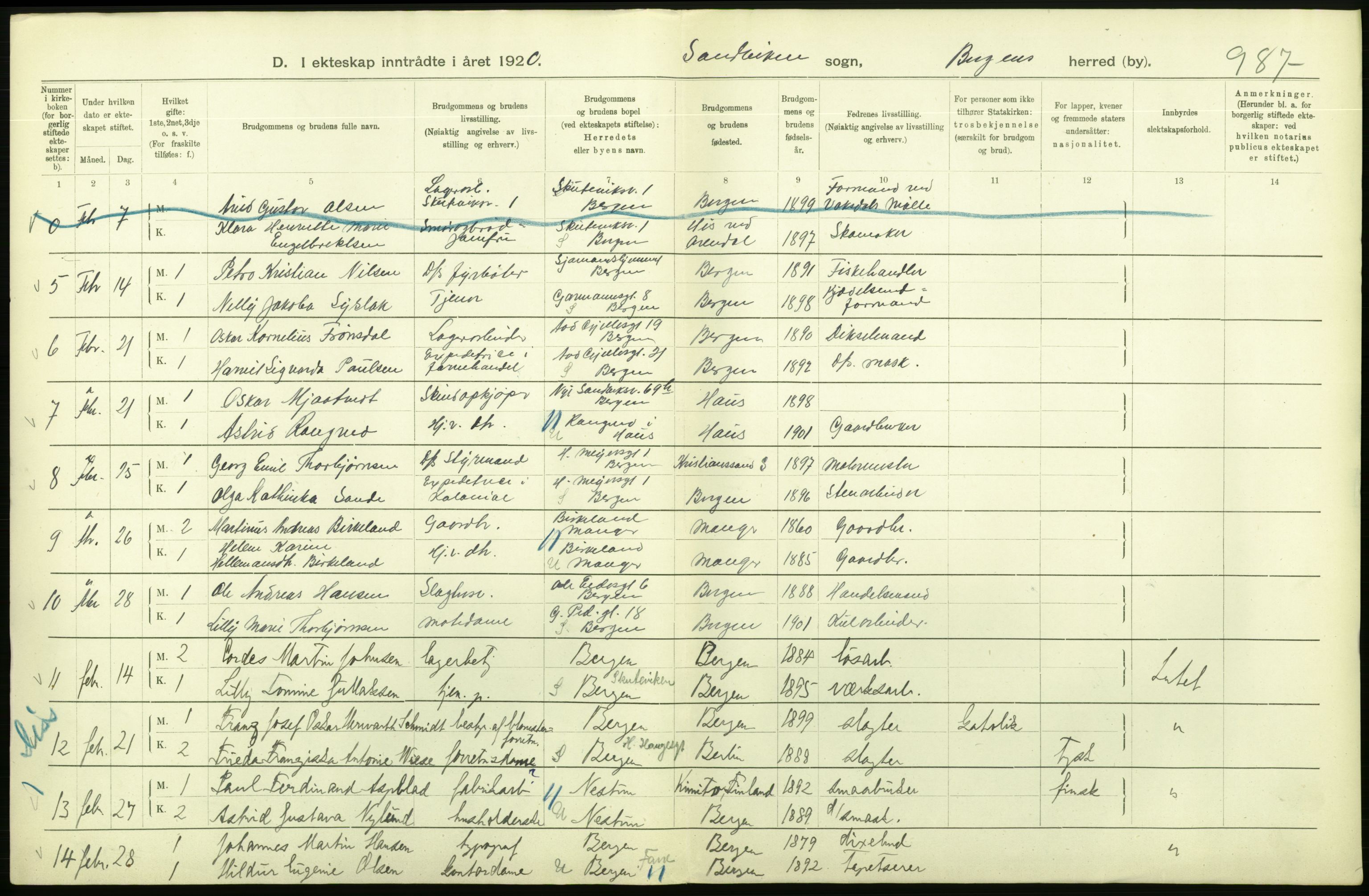 Statistisk sentralbyrå, Sosiodemografiske emner, Befolkning, AV/RA-S-2228/D/Df/Dfb/Dfbj/L0042: Bergen: Gifte, døde, dødfødte., 1920, s. 86