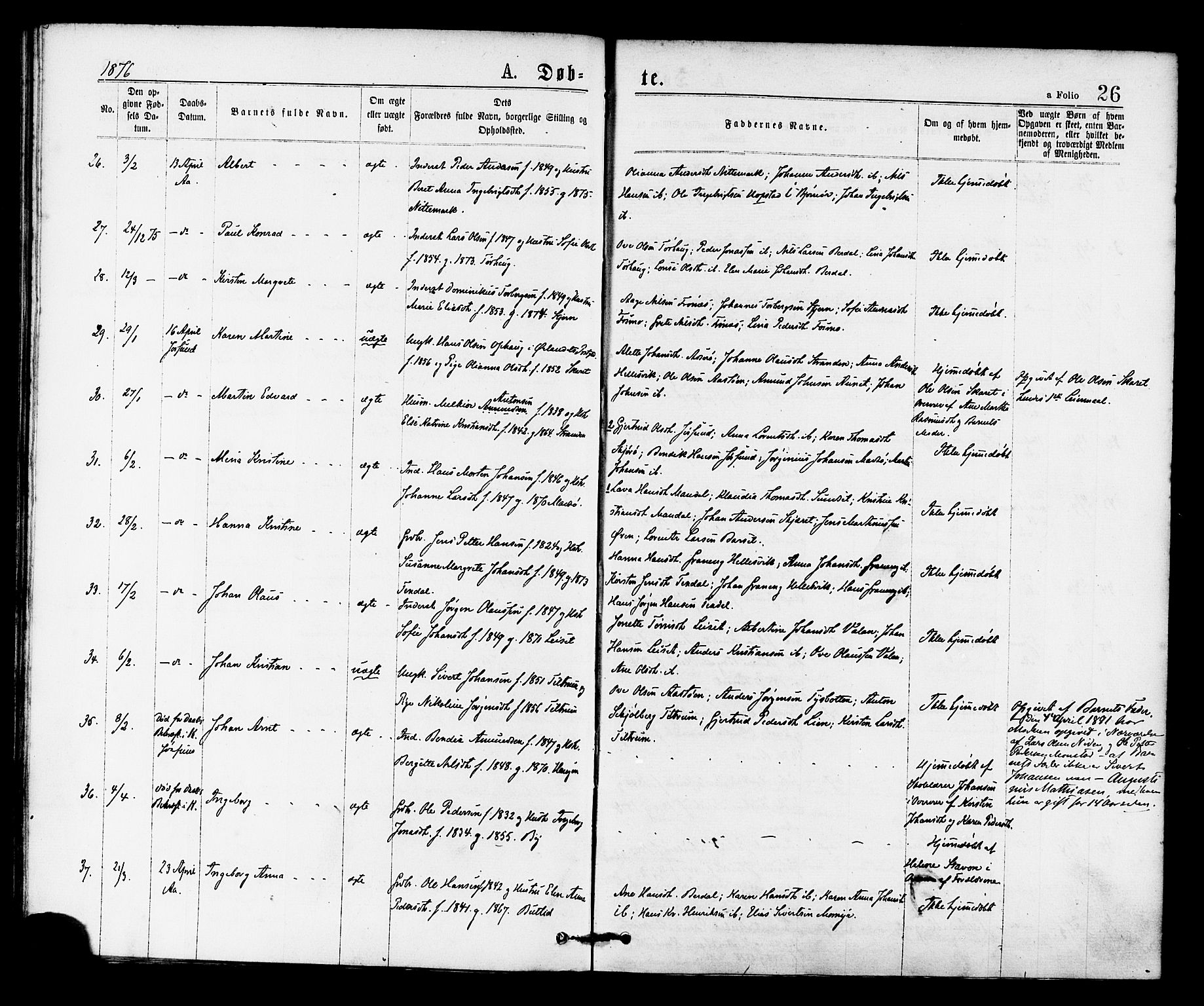 Ministerialprotokoller, klokkerbøker og fødselsregistre - Sør-Trøndelag, SAT/A-1456/655/L0679: Ministerialbok nr. 655A08, 1873-1879, s. 26