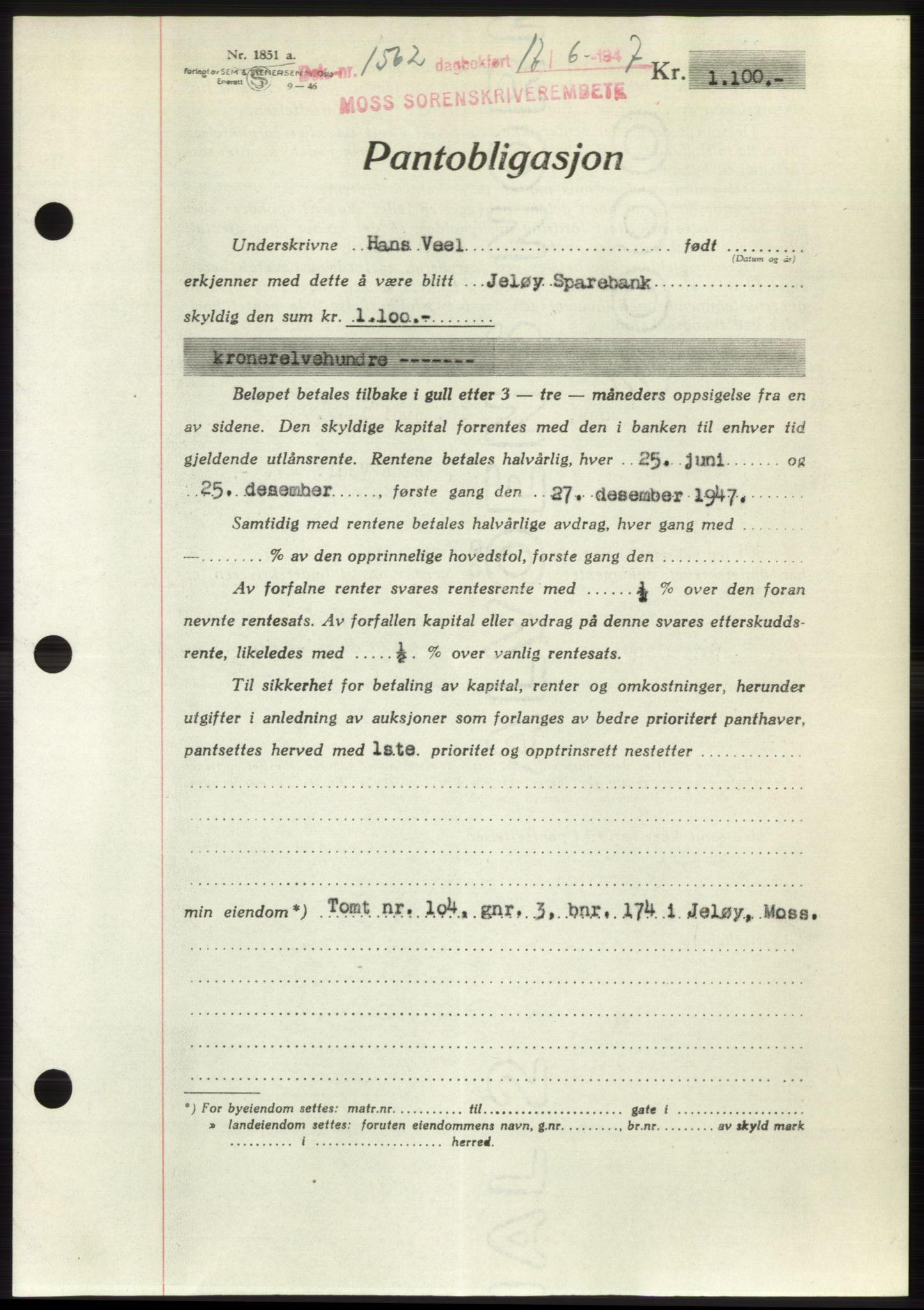 Moss sorenskriveri, SAO/A-10168: Pantebok nr. B17, 1947-1947, Dagboknr: 1562/1947