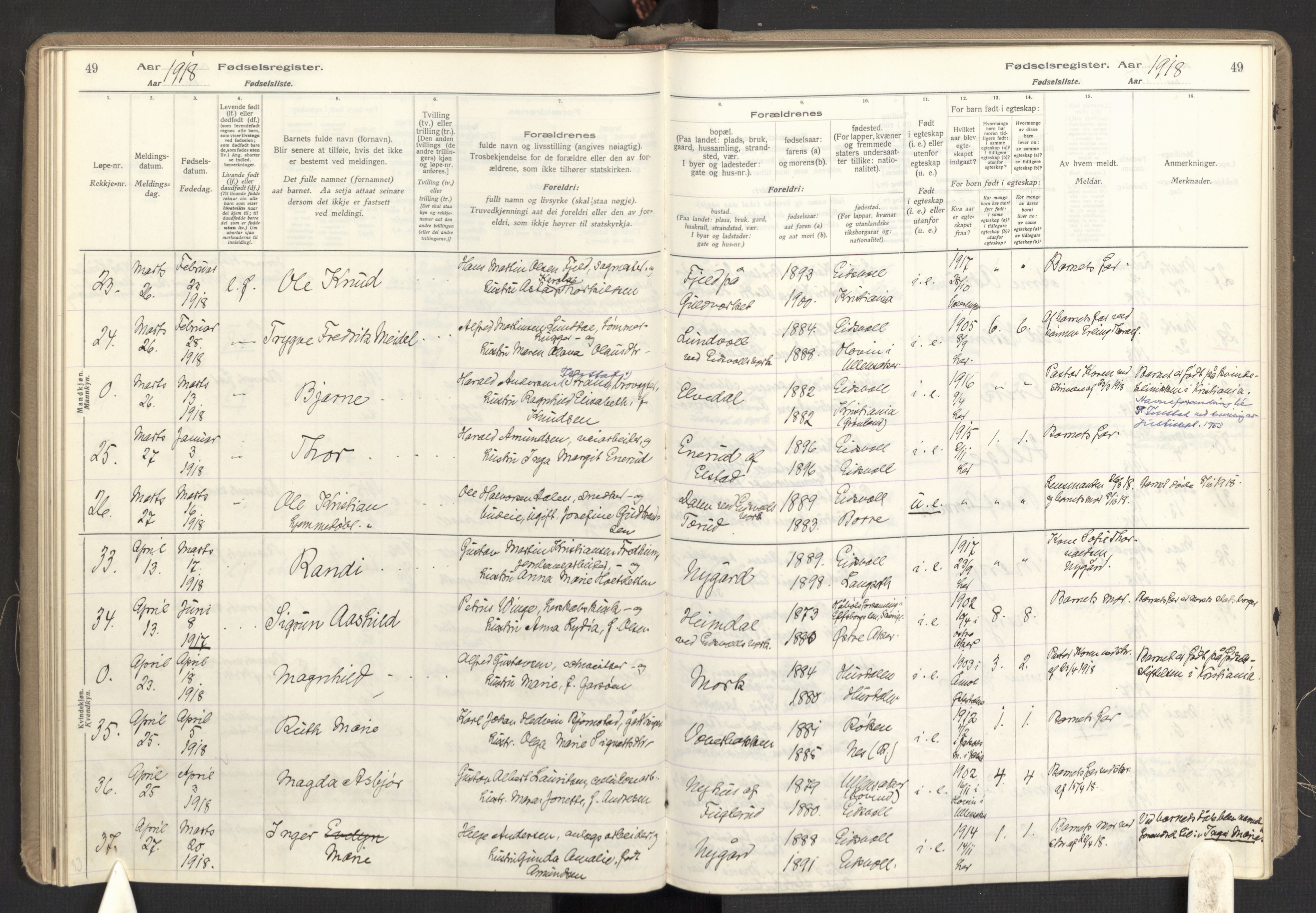 Eidsvoll prestekontor Kirkebøker, AV/SAO-A-10888/J/Ja/L0001: Fødselsregister nr. I 1, 1916-1924, s. 49