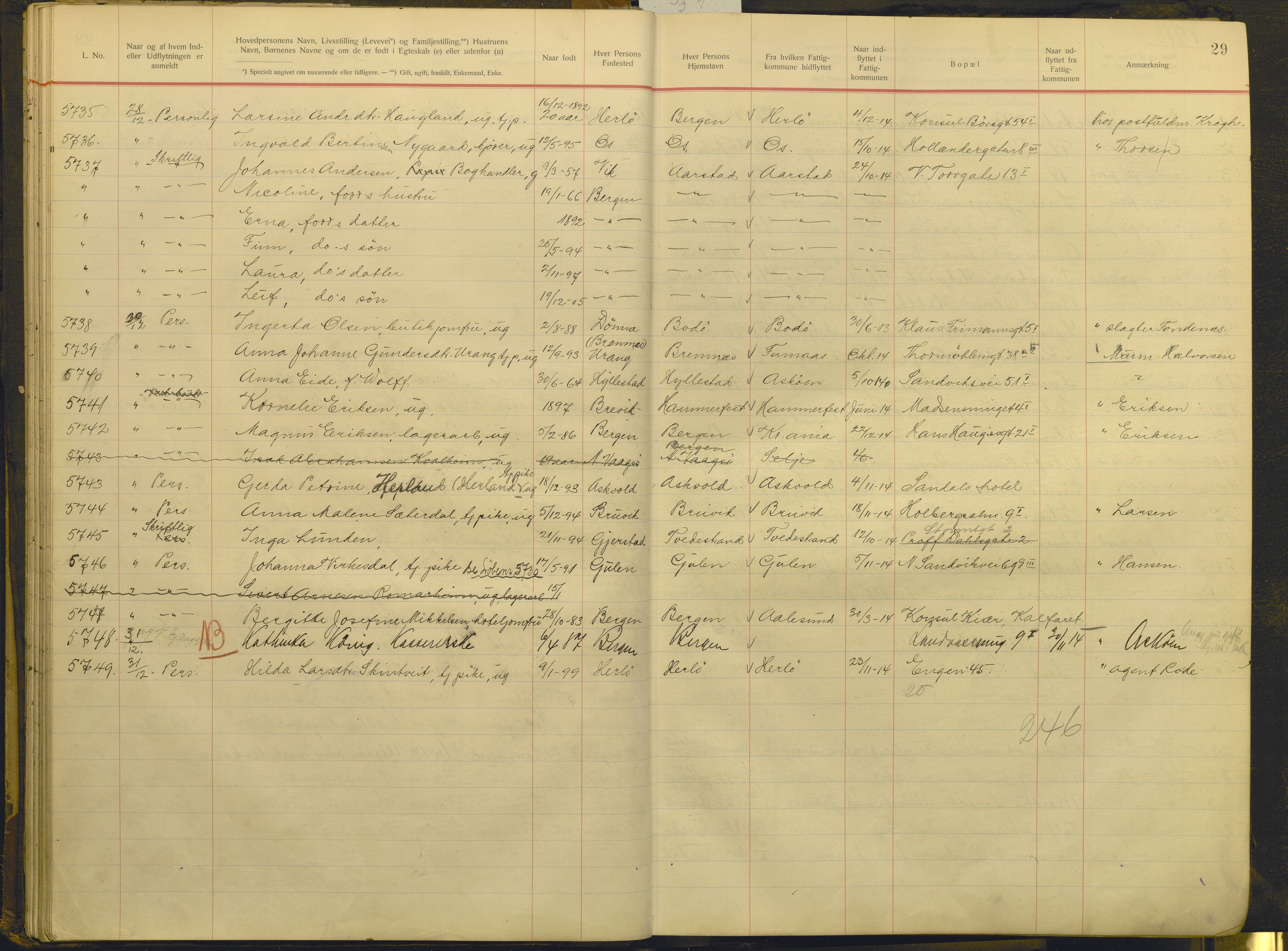 Bergen politikammer / politidistrikt, AV/SAB-A-60401/J.g/L0009: Protokoll over innflyttede, 1914-1917, s. 29