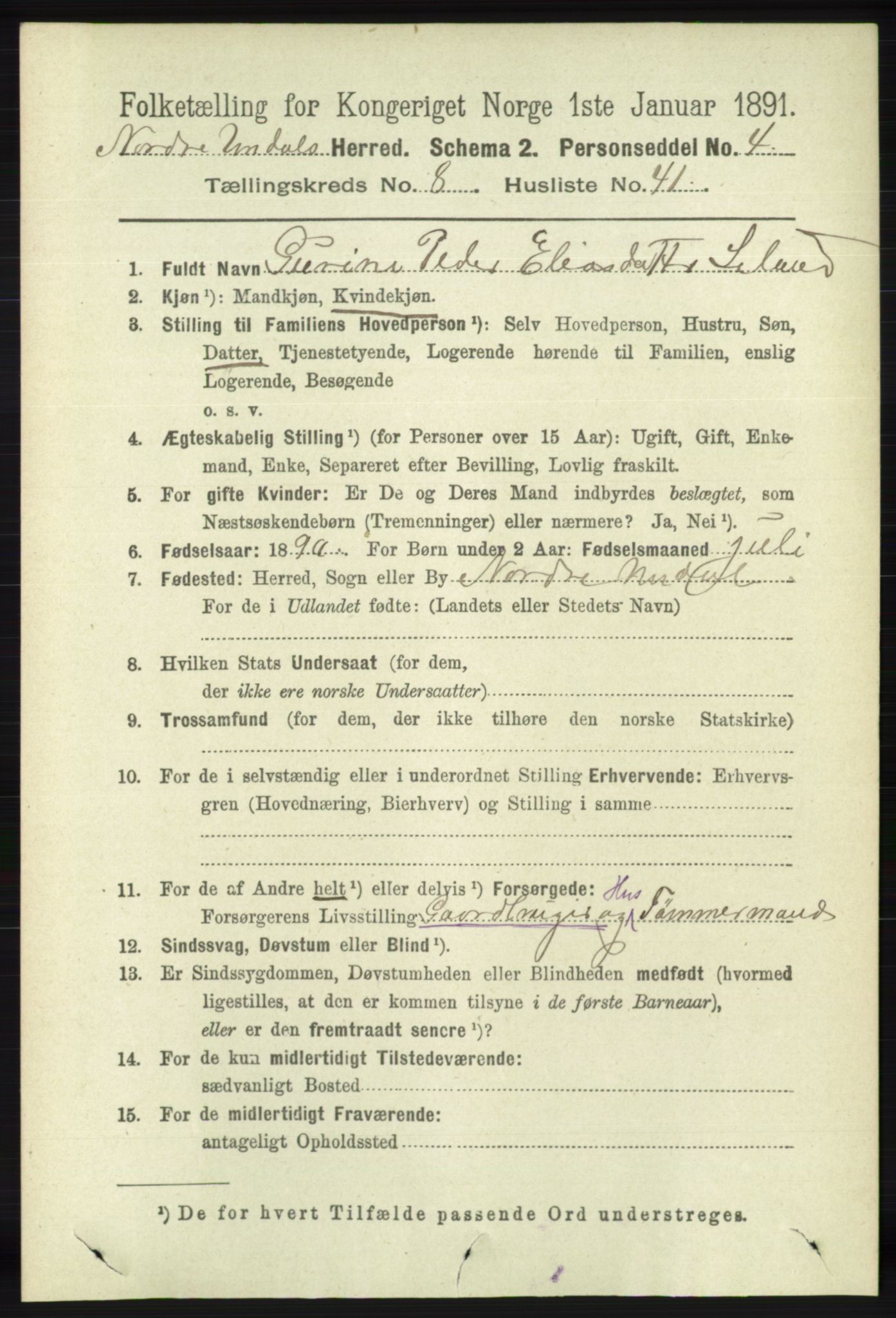 RA, Folketelling 1891 for 1028 Nord-Audnedal herred, 1891, s. 2289