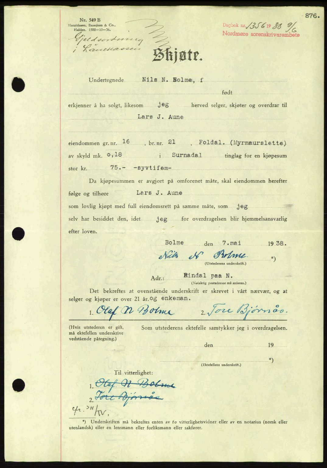 Nordmøre sorenskriveri, SAT/A-4132/1/2/2Ca: Pantebok nr. A83, 1938-1938, Dagboknr: 1356/1938