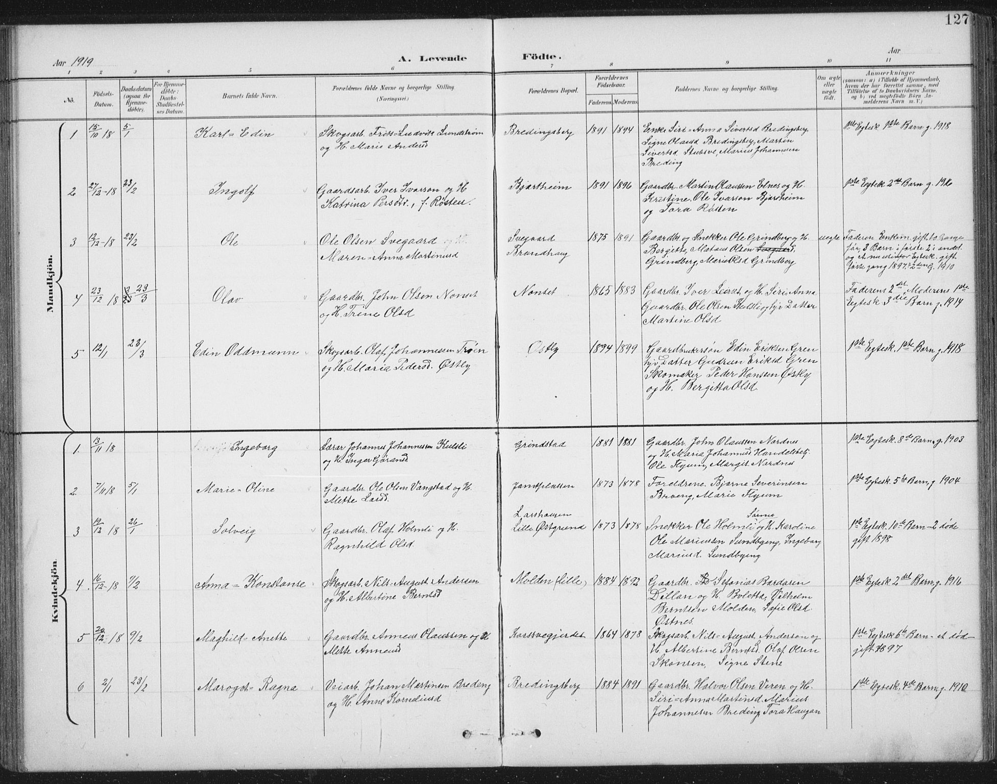 Ministerialprotokoller, klokkerbøker og fødselsregistre - Nord-Trøndelag, SAT/A-1458/724/L0269: Klokkerbok nr. 724C05, 1899-1920, s. 127