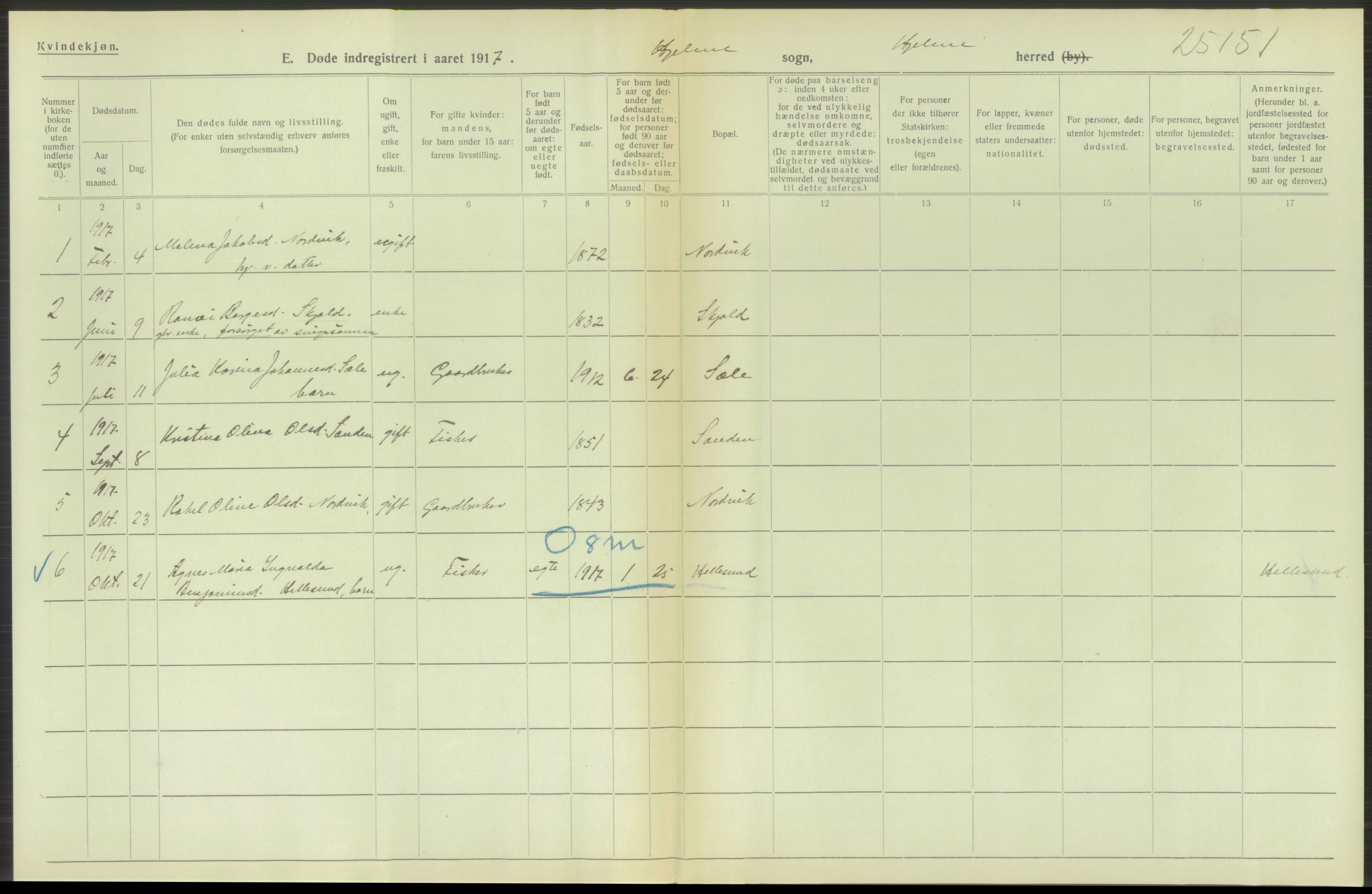 Statistisk sentralbyrå, Sosiodemografiske emner, Befolkning, RA/S-2228/D/Df/Dfb/Dfbg/L0036: S. Bergenhus amt: Døde, dødfødte. Bygder., 1917, s. 316