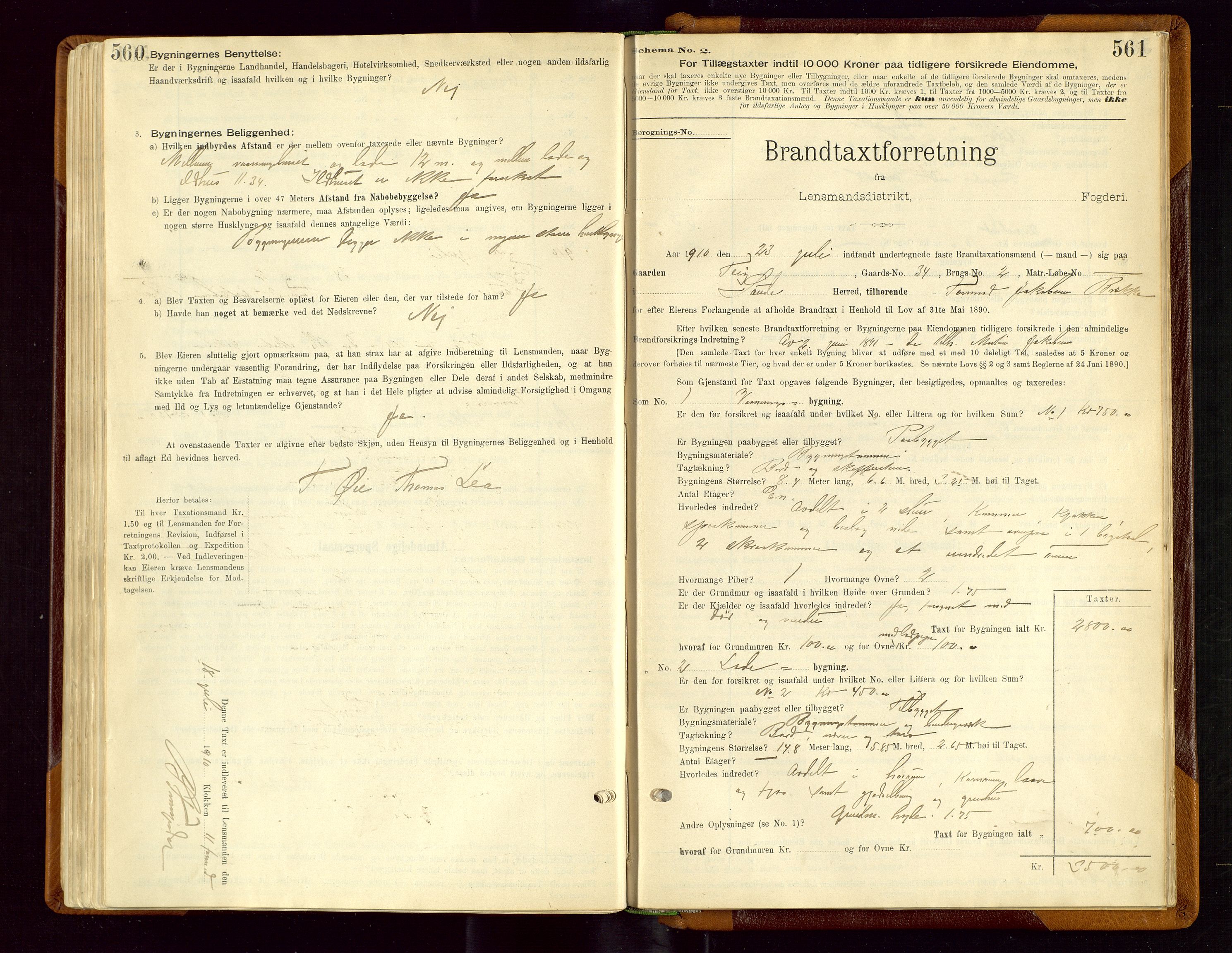 Sauda lensmannskontor, SAST/A-100177/Gob/L0001: Branntakstprotokoll - skjematakst, 1894-1914, s. 560-561
