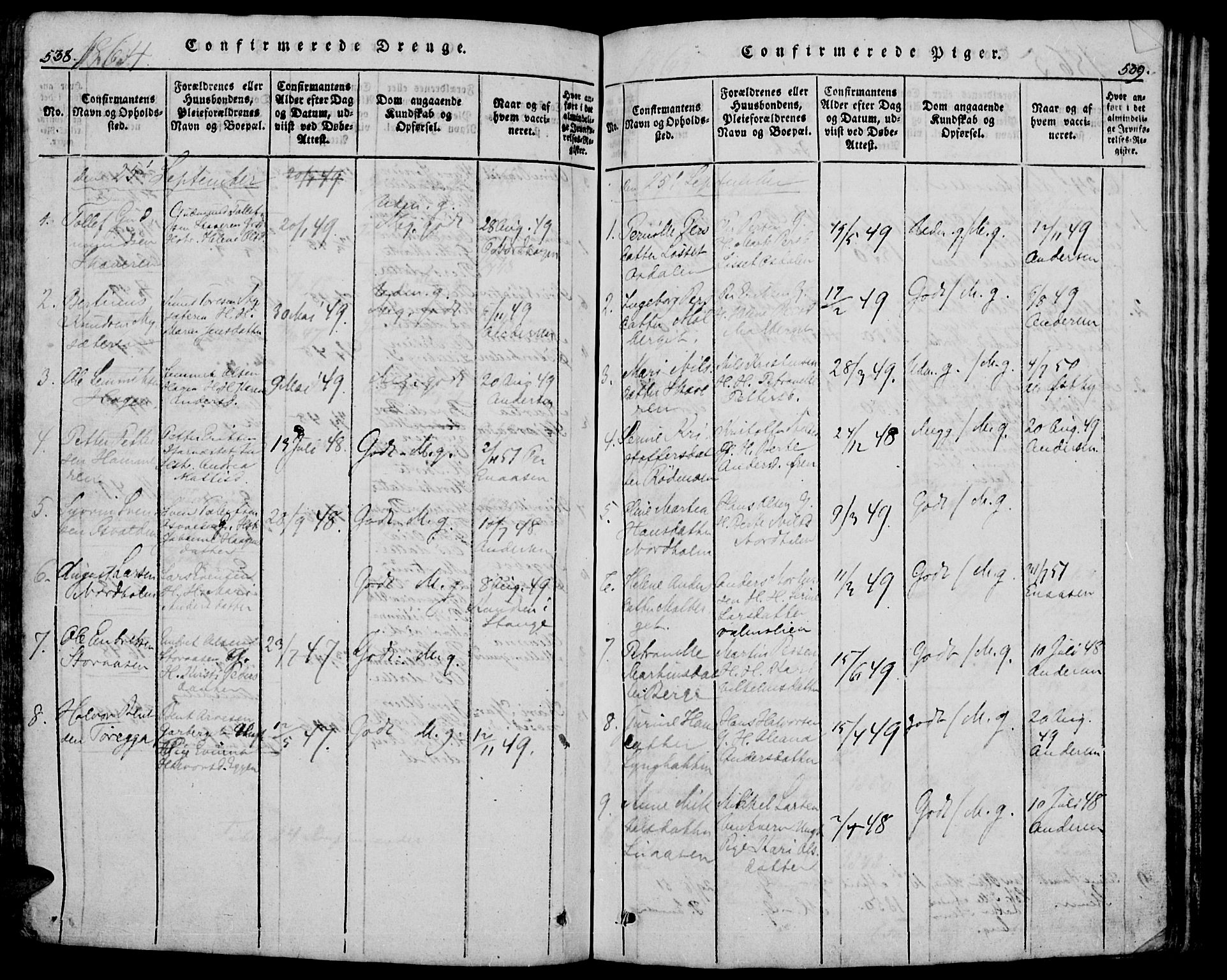 Trysil prestekontor, SAH/PREST-046/H/Ha/Hab/L0005: Klokkerbok nr. 5, 1814-1877, s. 538-539